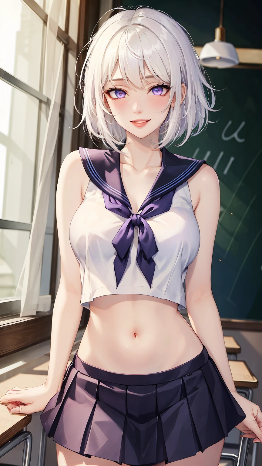 ((((masterpiece, best quality, high resolution)))), (1girl:1.5), ((short silky hair, white hair, purple eyes, sharp eyes)), (big breasts:1.2), (blushing), (cheeky smile, parted lips), glow, thighs, collarbone, narrow waist, (slender body figure), (beautiful detailed face, beautiful detailed eyes), ((sailor fuku uniform, thin material, red ribbon, plated skirt)), (standing up), looking at viewer, classroom, (cowboy shot)
