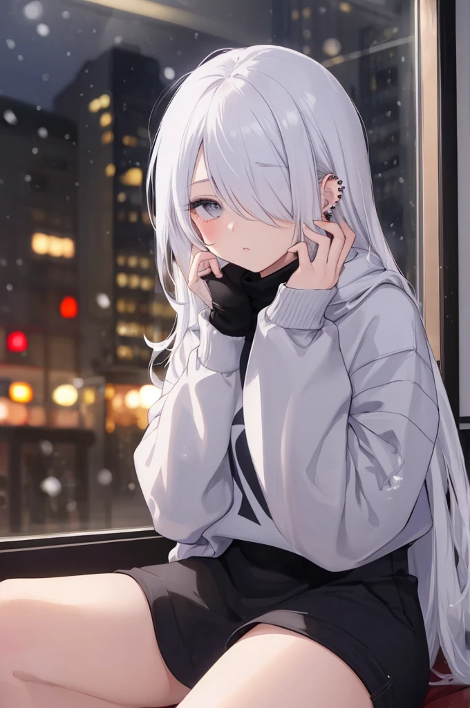 ((masterpiece:1.4, best quality:1.2)), 1girl, solo focus, beautiful skin, blush, white sweatshirt, long white hair, grey eyes, sitting, earrings, piercing, coffee shop window, night, snowing, cityscape, tall female, beautiful and delicate female, comfy ambience, {correct posing}, {detailed background}, a miniskirt, hair over one eye, Spread your legs