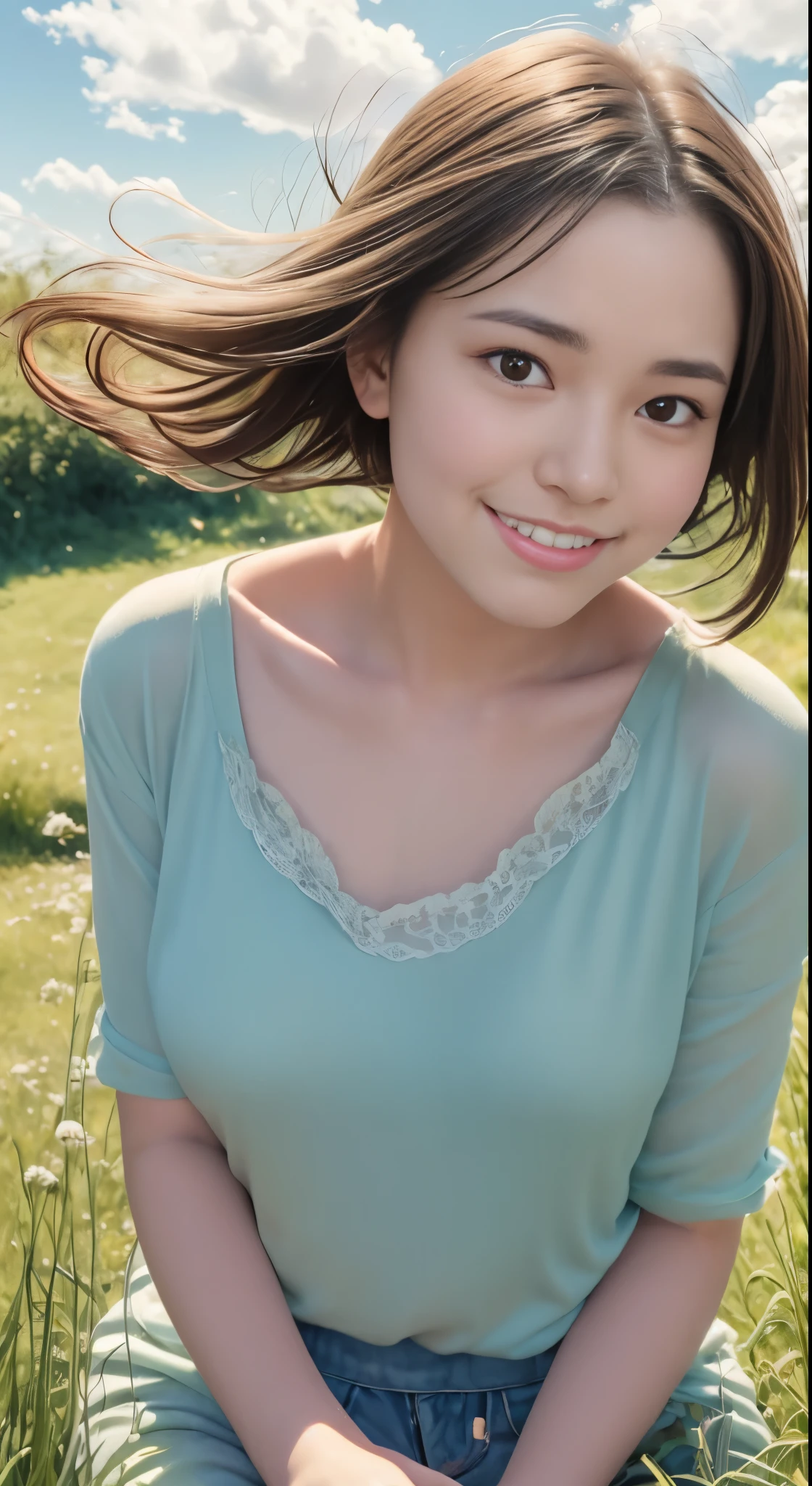 (((upper body shot))),(((nipples))),(((Nude))),Ultra-high resolution,big eyes,((brown eyes)),Japanese,(a girl),(1 girl),(()),(cute),pretty,(((facing at viewer))),arms behind back,grin