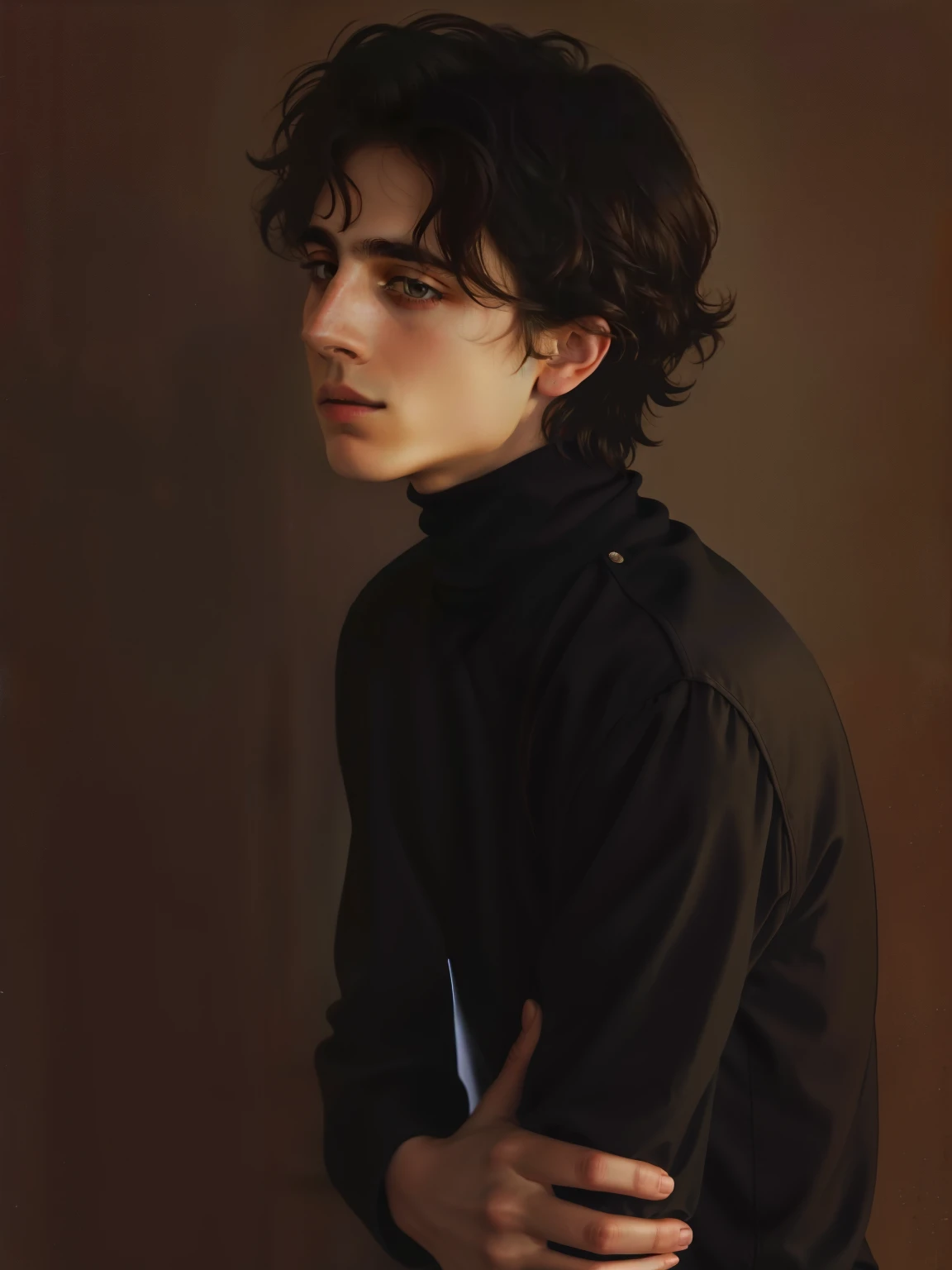 Imagen arafed de una mujer con cuello de tortuga negro y un anillo., he is wearing a brown sweater, usando cuello alto, portrait of timothy chalamet, timothy chalamet, editorial oficial valentino, Jersey de cuello alto negro, editorial photograph, retrato editorial, alejandro, vistiendo un jersey de cuello alto y una chaqueta, retrato de alta calidad