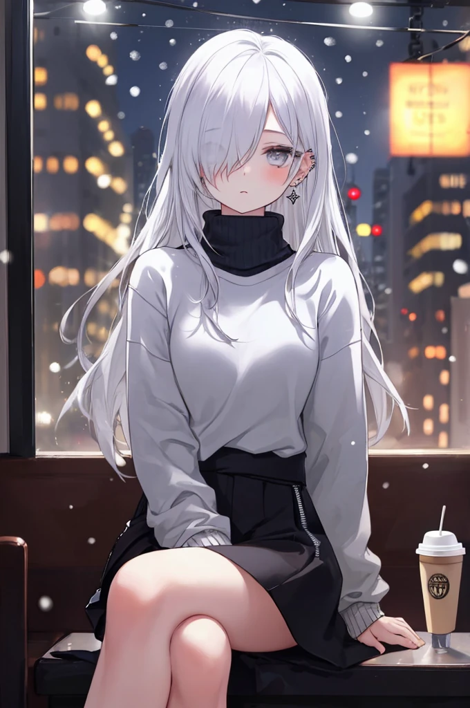 ((masterpiece:1.4, best quality:1.2)), 1girl, solo focus, beautiful skin, blush, white sweatshirt, long white hair, grey eyes, sitting, earrings, piercing, coffee shop window, night, snowing, cityscape, tall female, beautiful and delicate female, comfy ambience, {correct posing}, {detailed background}, a miniskirt, hair over one eye, Spread your legs