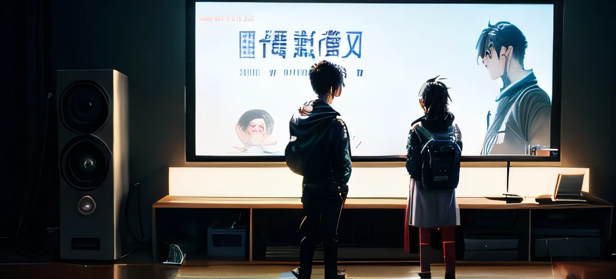 Two boys are standing in front of the big screen, ruan jia and fenghua zhong, child, Li Zixin, yiqiang and shurakrgt, cai xukun, zezhou chen, 8k!, strictjun chengt, reside, wenjun lin, Inspired by Li Shixing, strict, television, yihao ren