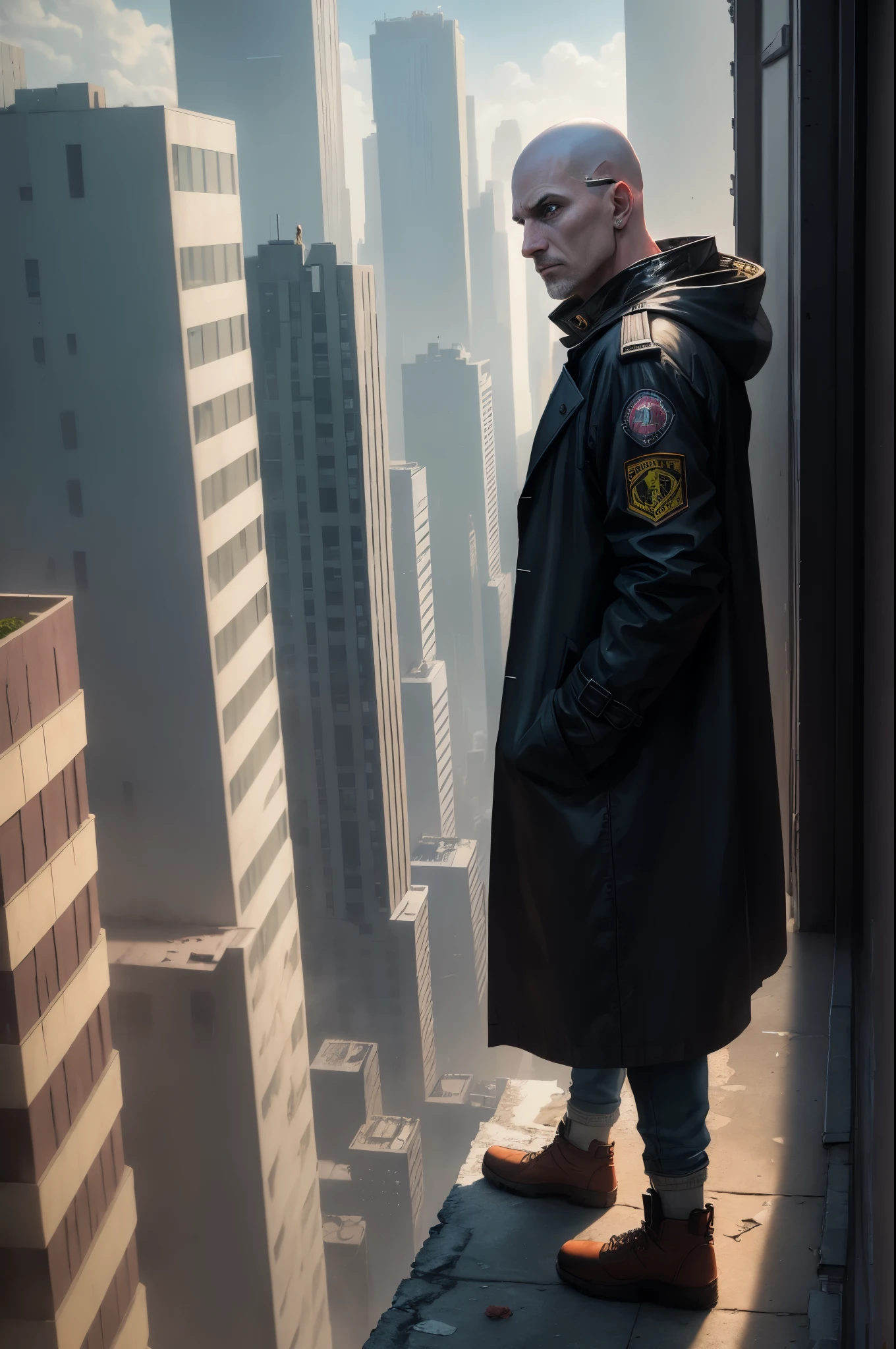 A man, 45 years old, brown eyes, hair shaved on the sides, combed back, unshaven, wearing a dark trench coat with the collars turned up. Hands in his pockets, He is leaning against the parapet of a building, observing from above the skyline, the night of the cyberpunk city below in the background. Background futuristic cyberpunk make it realistic, Blade Runner, 8k, ultra hd