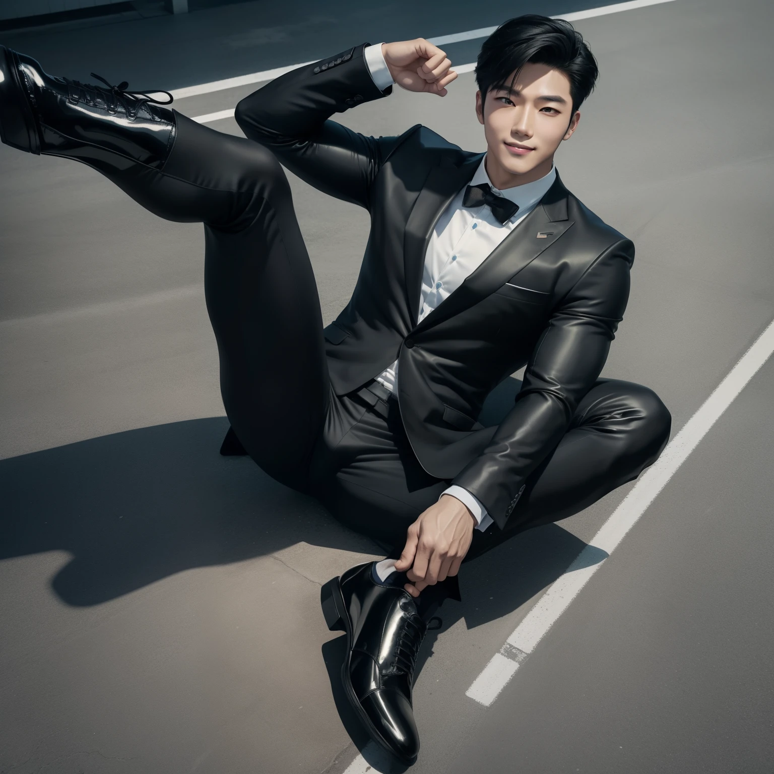 male Kpop idol, korean male, soft face, charming smile,business man,muscle,gay,handsome,big muscles,formal leather suit,wearing black underwear, big bulge,shinny formal shoelaces shoes,long sheersocks,with one leg up showing toe,on concrete basketball court,top view,showing muscles,high quality,4k,detailed,