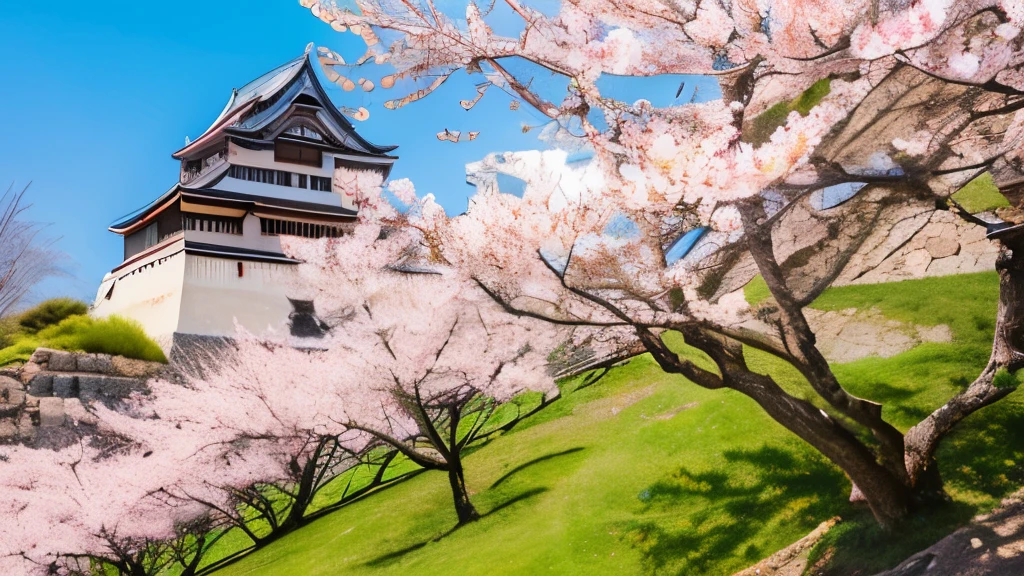 Himeji Castle in spring, cherry blossoms in full bloom, realistic landscape, Nikon Z7,
wide-angle lens, high-resolution, serene mood, bright daytime sunlight, clear sky
composition