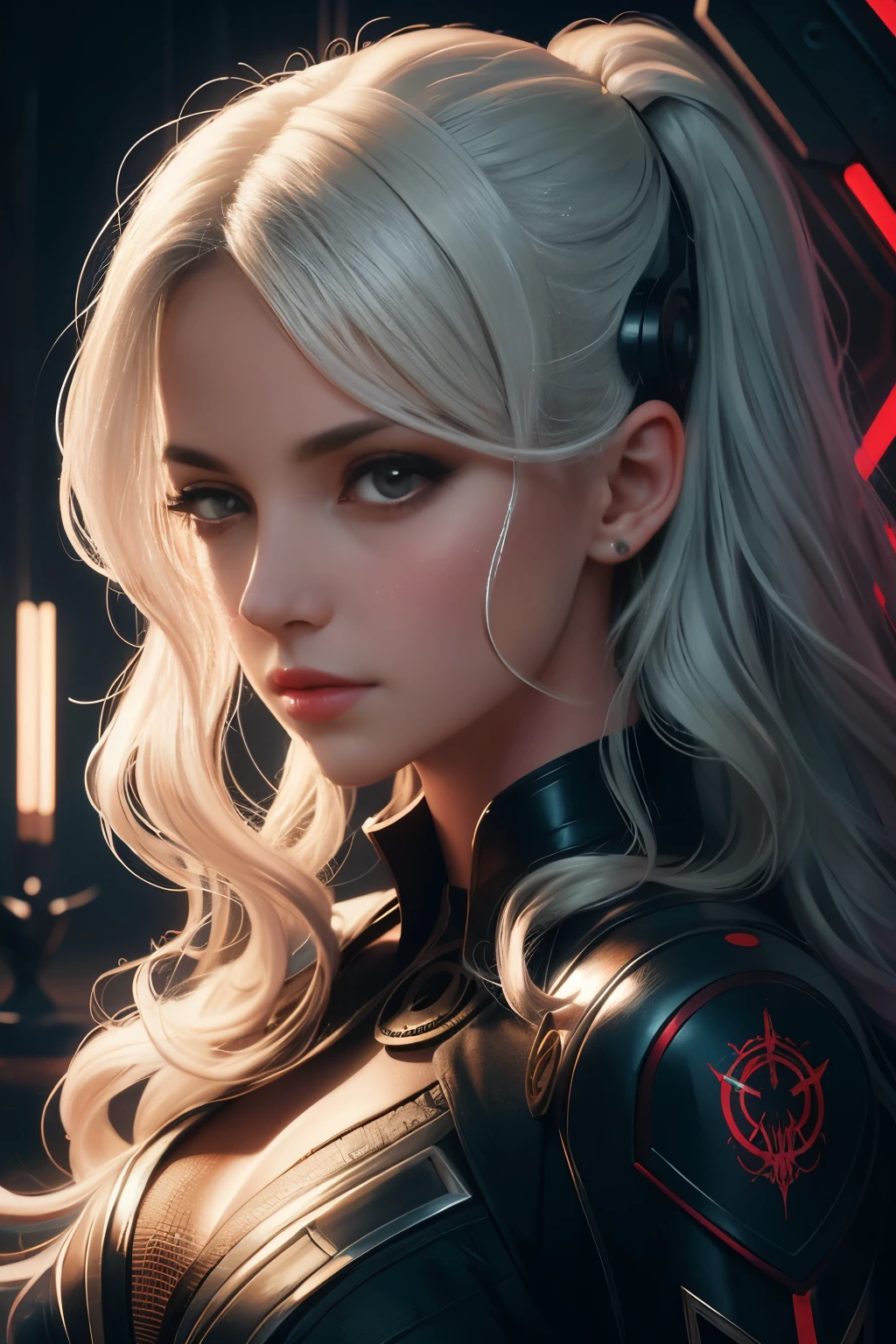 Portrait of a beautiful girl with wavy white hair, wearing a formal black dress with metal parts, red eyes, monograms in the background, digital painting, dark colors, 8k, complex details, vintage, retro futuristic style, sharp focus on the center, pastel colors, art station, (sci-fi, future, future theme), (facial expression looking with disdain), (detailed illustration)