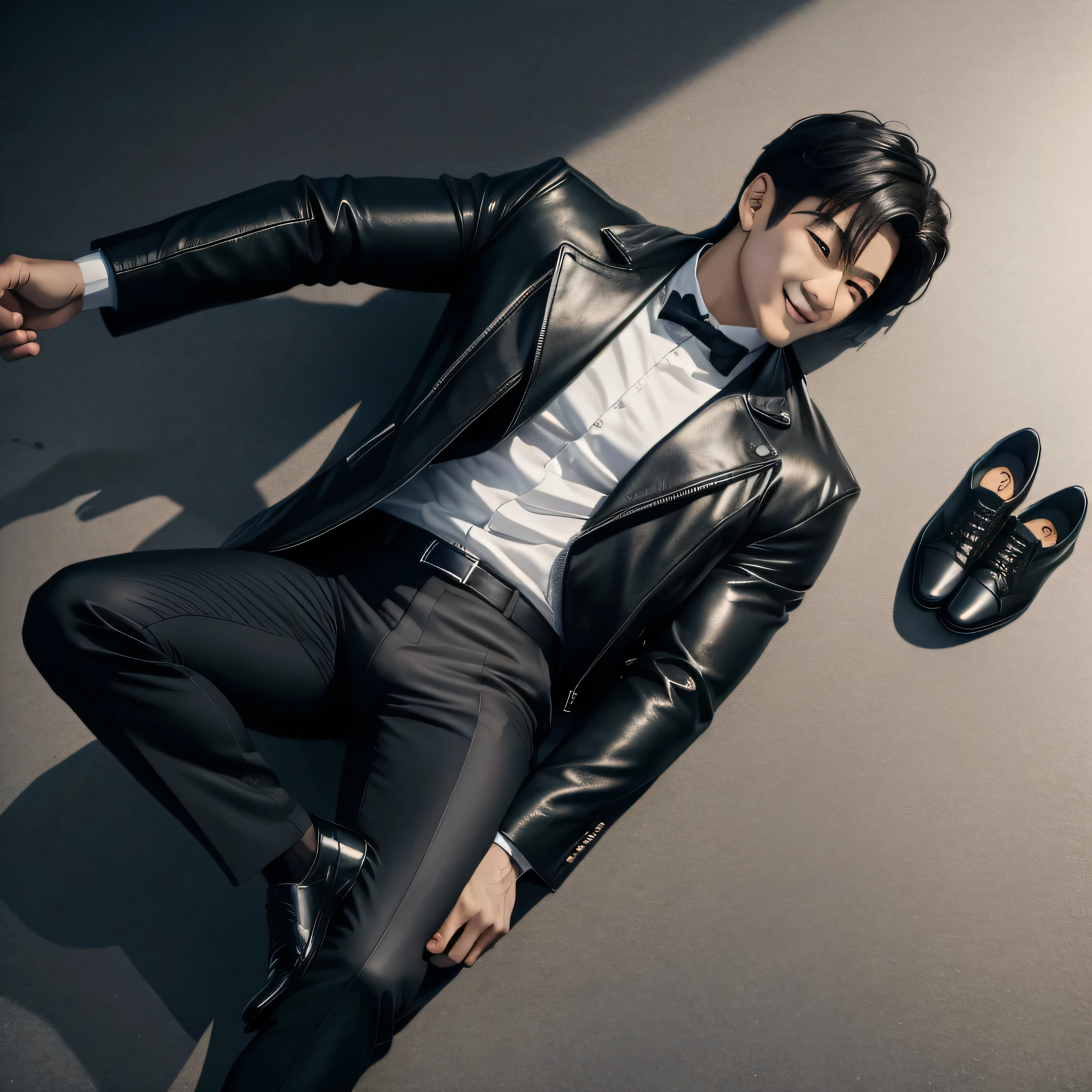 male kpop idol, hombre coreano, cara suave, sonrisa encantandora,Hombre de negocios,muscle,homosexuales,elegante,big muscles,traje de chaqueta de cuero formal,Ropa interior negra, gran bulto,zapatos formales brillantes con cordones,calcetines largos,con una pierna arriba mostrando el dedo del pie,en una cancha de baloncesto de cemento,Vista superior,showing muscles,alta calidad,4k,detallado,