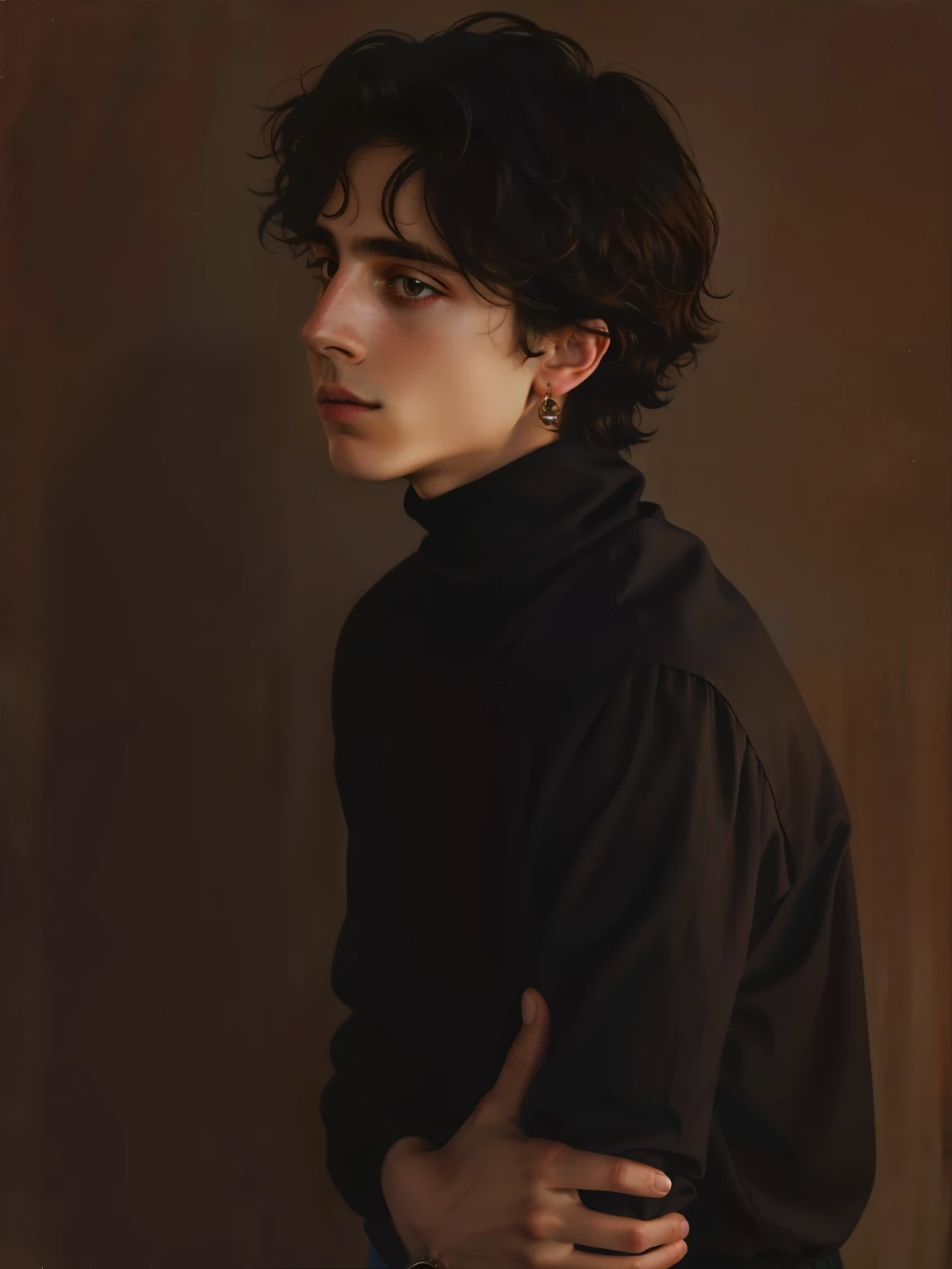 Imagen arafed de una mujer con cuello de tortuga negro y un anillo., he is wearing a brown sweater, usando cuello alto, portrait of timothy chalamet, timothy chalamet, editorial oficial valentino, Jersey de cuello alto negro, editorial photograph, retrato editorial, alejandro, vistiendo un jersey de cuello alto y una chaqueta, retrato de alta calidad