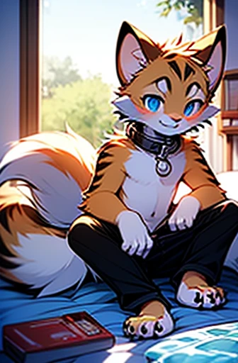 Delicate style,Delicate hook lines,delicate skin,fine hair,furry tail,Light and dark,exquisite eyes,blue eyes,Topless,Curta,leg rings,collar,Handsome,Fierce,可like的,Wolf cubs,blue pupils,teenage wolf male,black fur,black soft wolf ears,Hairy all over,pant,Smile,Have abdominal muscles,shy,Pants bulge,exposed belly,bright sunshine,bed,flat lay,Hands on pants,The body is stained with white slime,lie down,There are pink meat pads on the hands,Curta裤,barefoot,与一只雄性白猫front拥抱,front,like,Romantic,bimasculine,shy,struggle