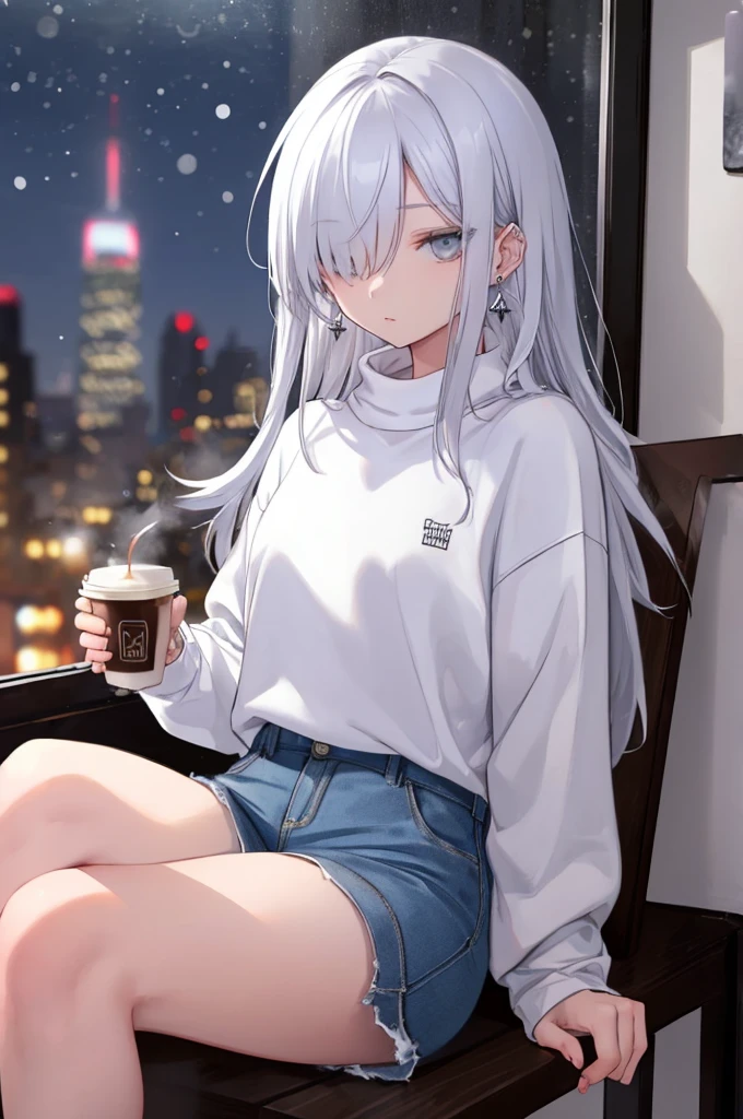 ((masterpiece:1.4, best quality:1.2)), 1girl, solo focus, beautiful skin, white sweatshirt, long white hair, grey eyes, sitting, earrings, piercing, coffee shop window, night, snowing, cityscape, tall female, beautiful and delicate female, comfy ambience, {correct posing}, {detailed background}, a miniskirt, hair over one eye, Spread your legs