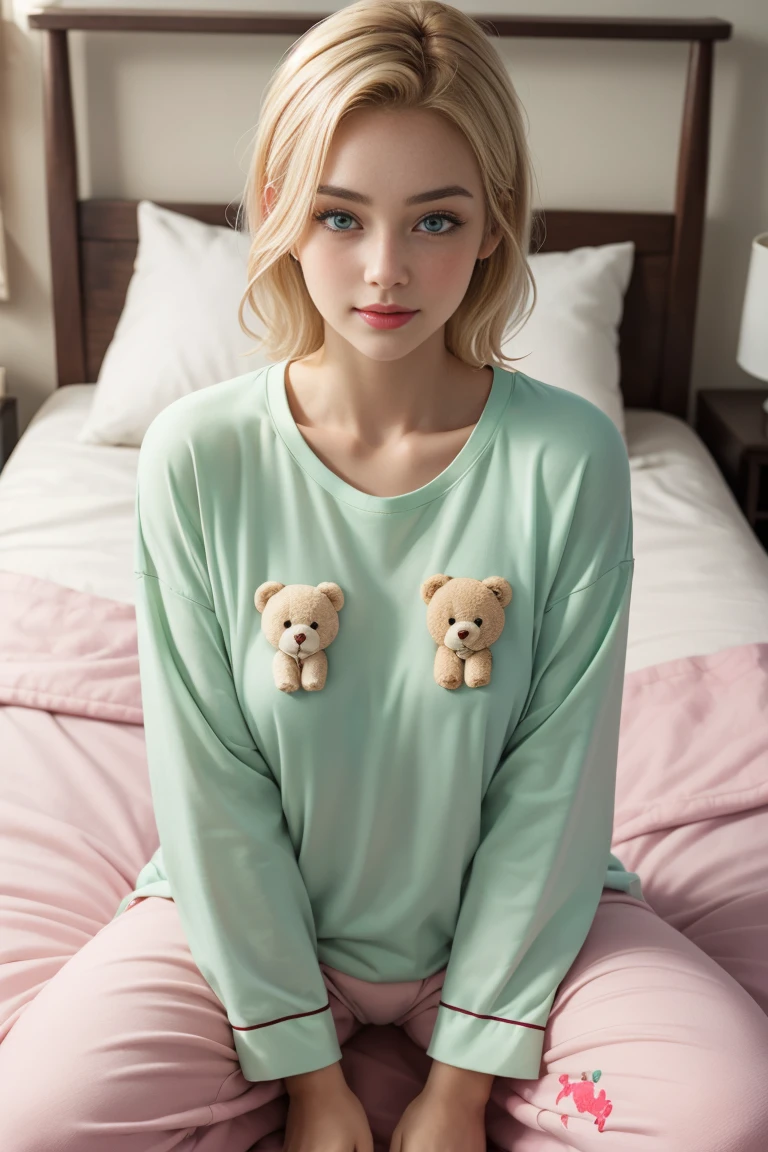 Beautiful girl 23 years old in cute pink pajamas with teddy bears painted on them, beautiful Green-colored eyes, perfect body, clear skin, blonde hair