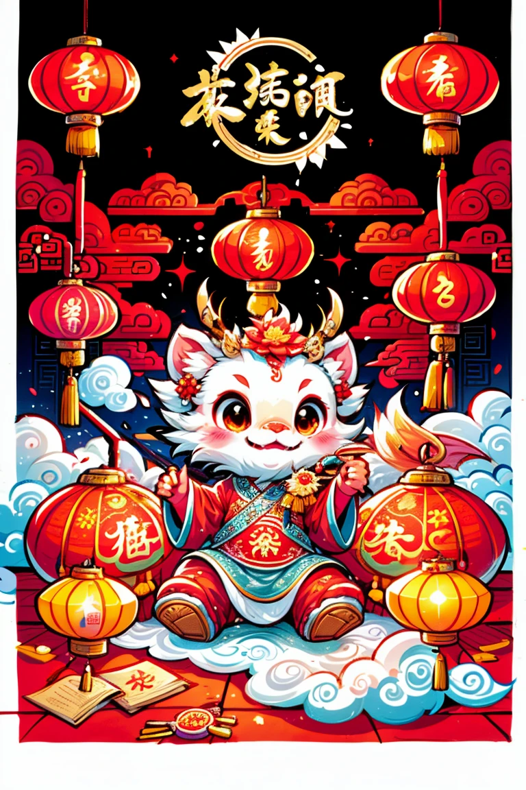 1 Chinese dragon，[(Chinese new year festive elements background:1.5)::5]，medium shot，Chinese style，Spring Festival，lantern，fireworks，firecracker，Floral fragrance，stone fragment，(Beautiful and delicate water)，(moiré floor)，Cute Chinese Dragon