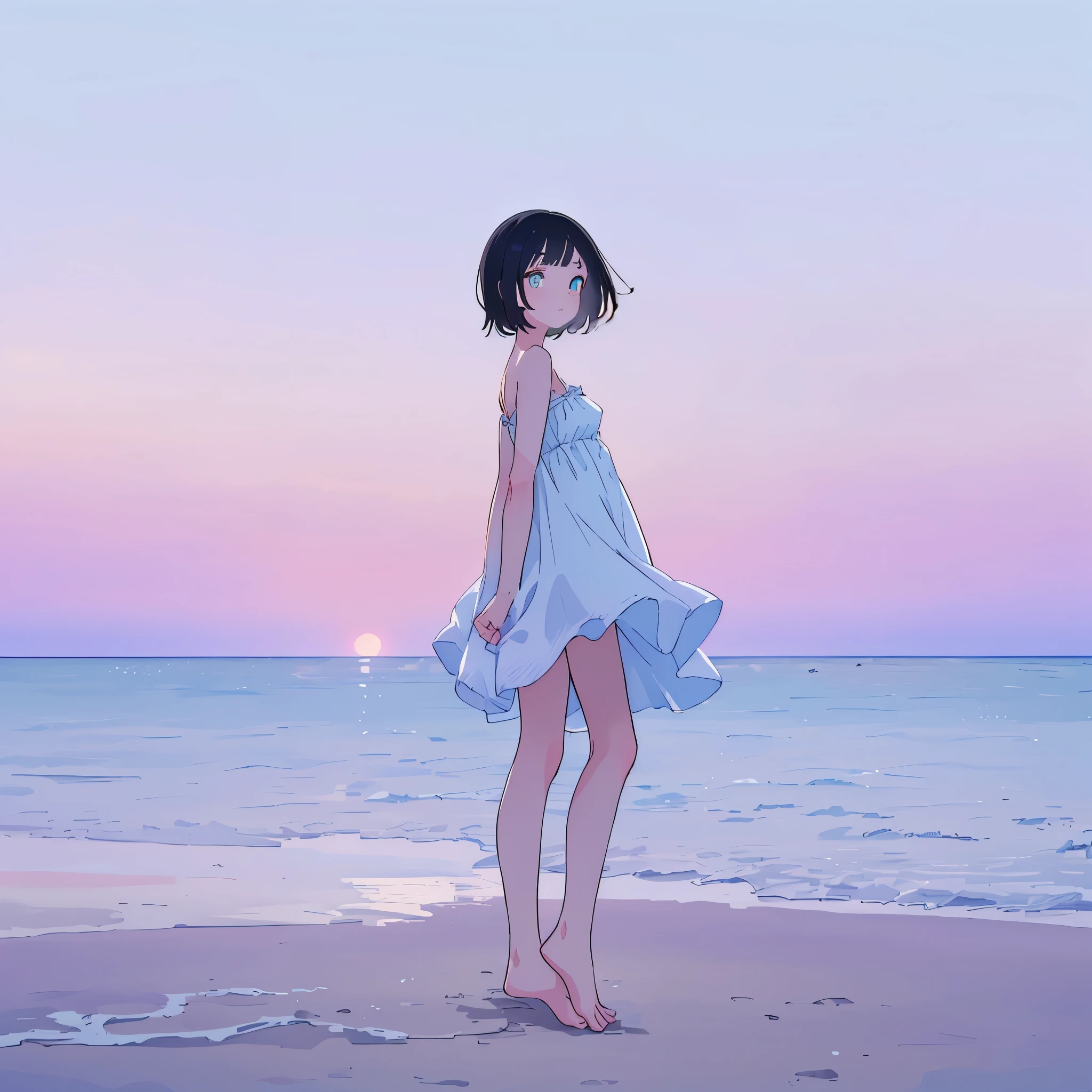 1girl wearing a plain white dress, short black hair, cyan eyes, looking at viewer, side view but her head is turned to face the camera, arms behind back, barefoot, walking at the beach, dawn, 8K, ultra detailed, masterpiece, sharp details, ultra high resolution, highly detailed face