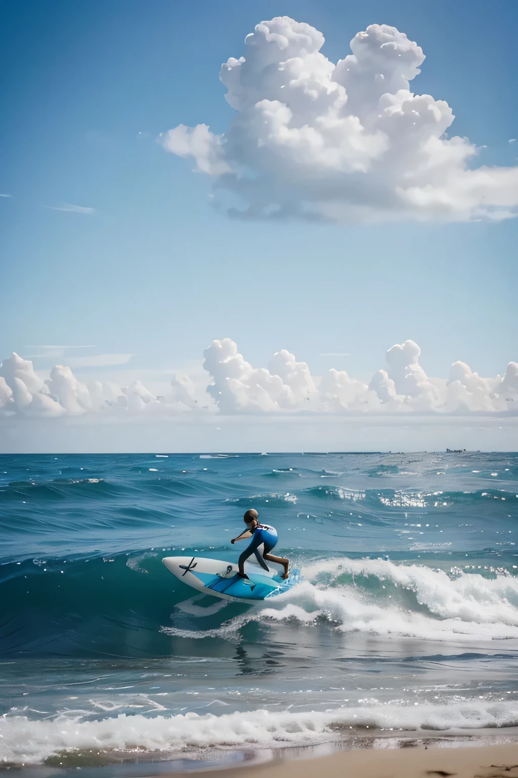 Two or three people surfing on the summer sea，Character details should be clear，Visual 4K quality blue sky and white clouds，