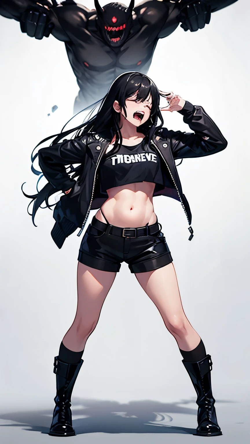 Cool girl, long black hair, belly button exposed, wearing black crew socks, boots, wearing a jacket, attacked by a monster from behind, screaming with eyes closed, full body drawing