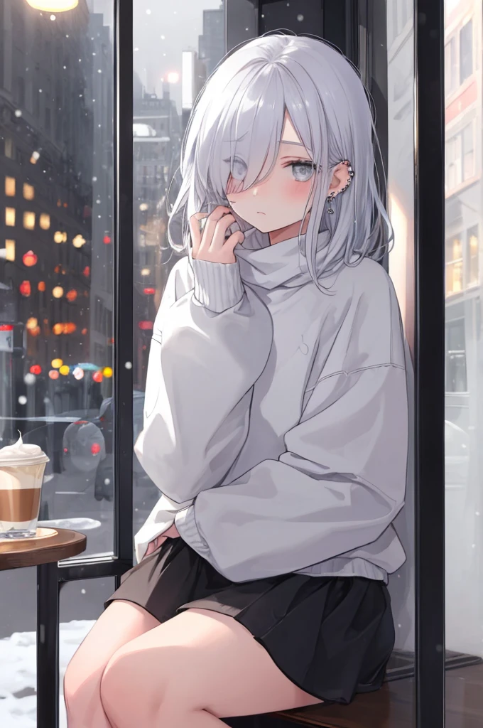 ((masterpiece:1.4, best quality:1.2)), 1girl, solo focus, beautiful skin, blush, white sweatshirt, long white hair, grey eyes, sitting, earrings, piercing, coffee shop window, night, snowing, cityscape, tall female, beautiful and delicate female, comfy ambience, {correct posing}, {detailed background}, a miniskirt, hair over one eye, shy,