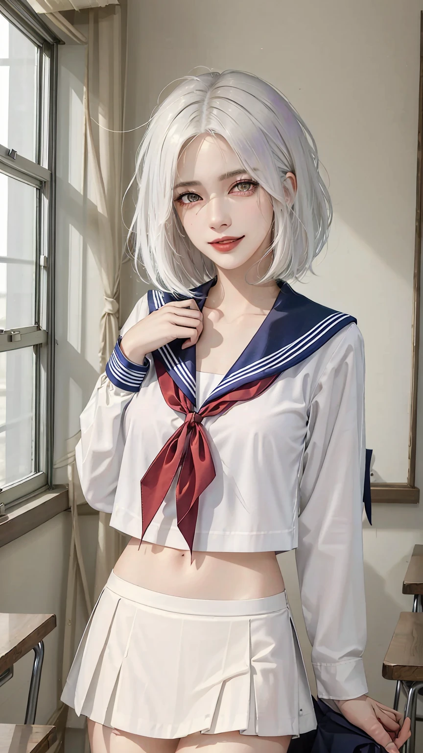 ((((masterpiece, best quality, high resolution)))), (1girl:1.5), ((short silky hair, white hair, purple eyes, sharp eyes)), (big breasts:1.2), (blushing), (cheeky smile, parted lips), glow, thighs, collarbone, narrow waist, (slender body figure), (beautiful detailed face, beautiful detailed eyes), ((sailor fuku uniform, thin material, red ribbon, plated skirt)), (standing up), looking at viewer, classroom, (cowboy shot)