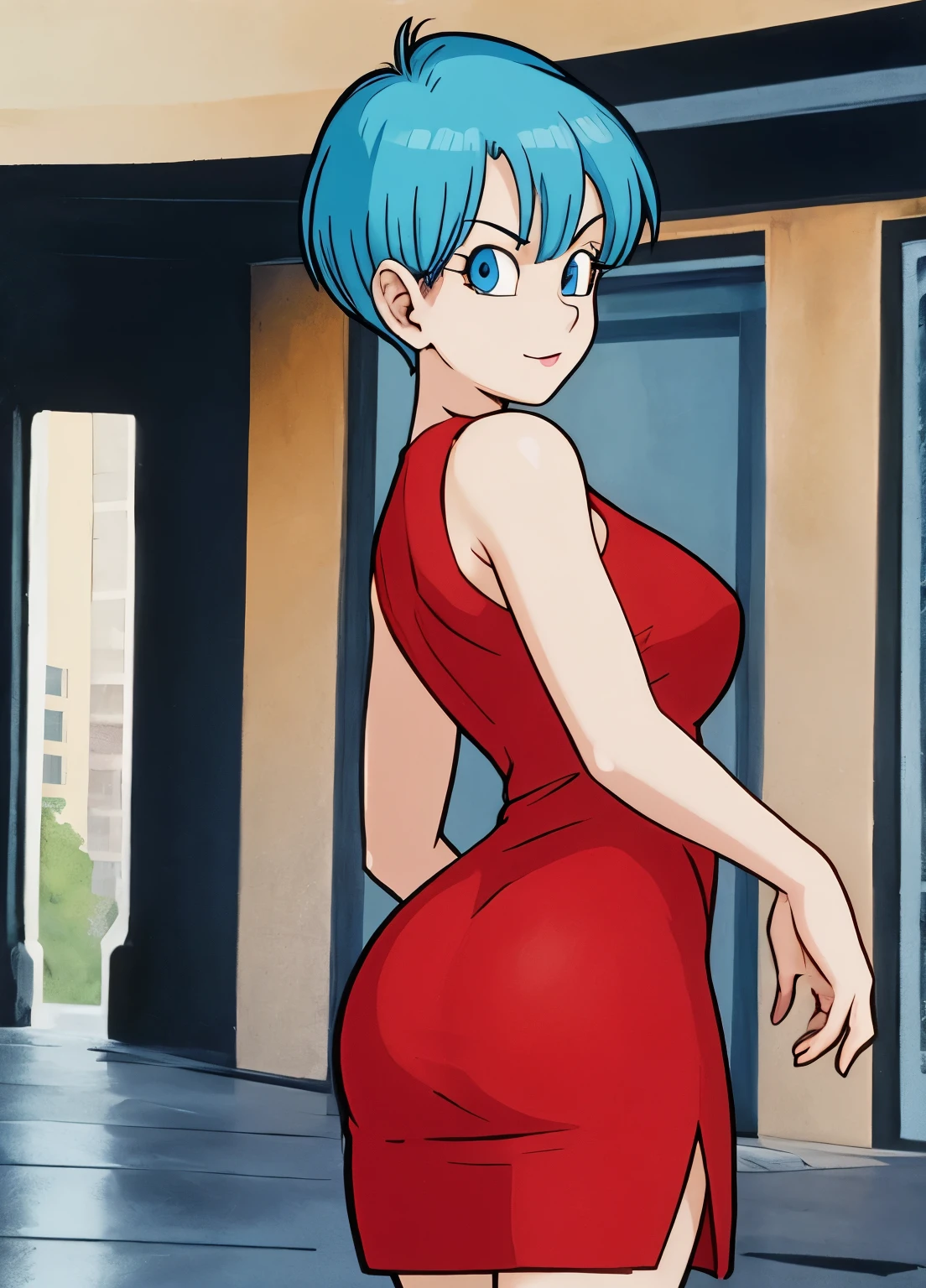 1 Girl, Sexy Bulma, back, big ass, tight red dress, short blue hair, blue eyes, bottom-up view, Bulma looking at the camera with a mischievous look