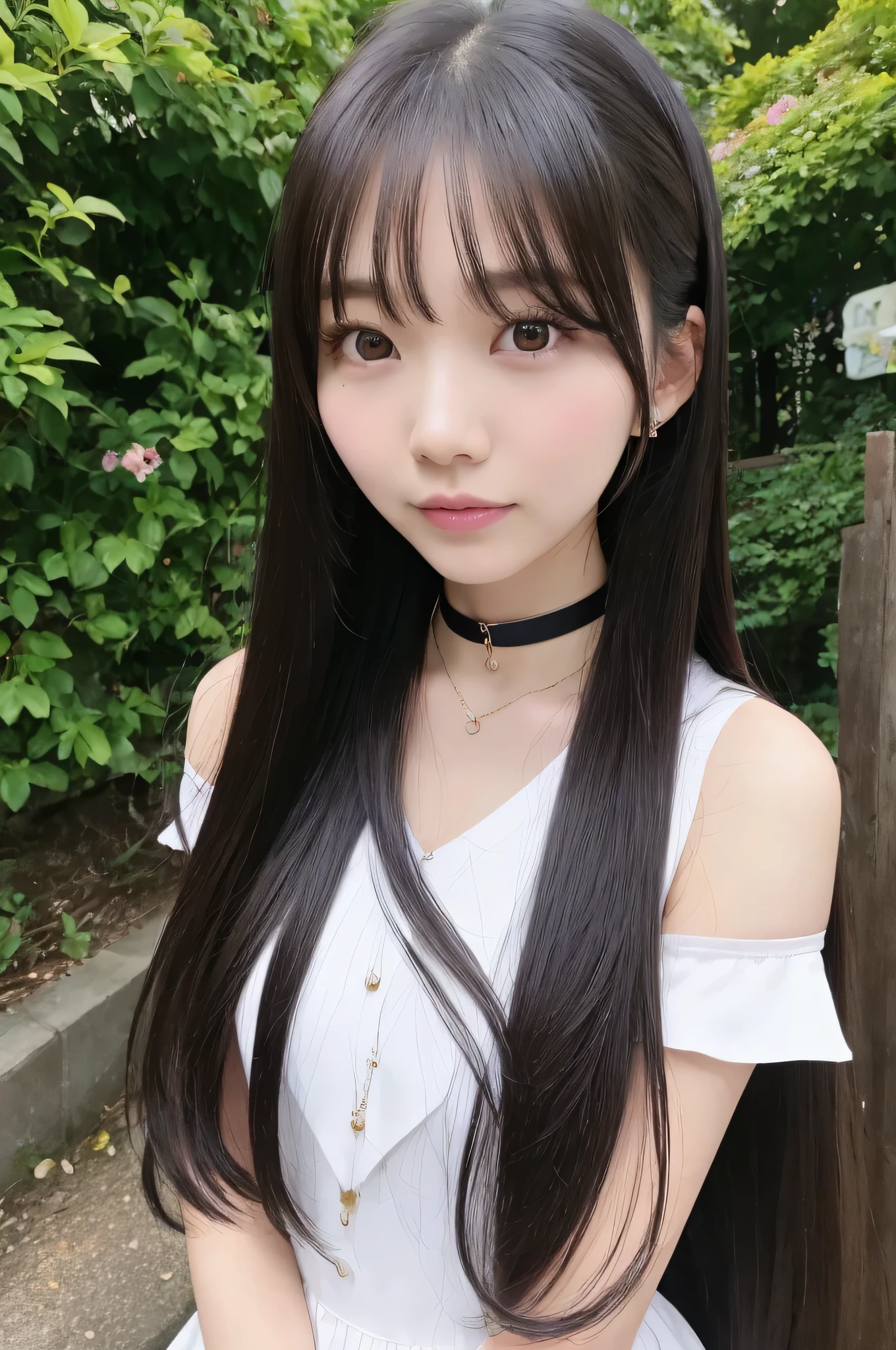 Alphafie woman with long brown hair and black choker, Yoshitomo Nara, Chiho, Dilraba Dilmurat, kimi takemura, Black-haired Sui Ishida, Lee Ji Eun, Lee Ji Eun, Park from to, junko enoshima, Chiho ashima, neat hair with bangs