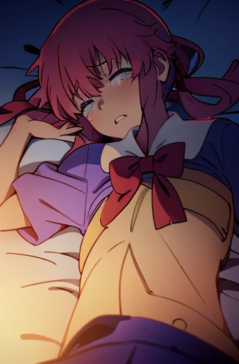 nsfw,Future Diary、My wife Yuna、sex、torn clothes、crying face、resistance、vaginal 、Normal position、Holding down、school uniform,red bow tie,blue shirt,short sleeve、whole body、spread your legs、raise your hand、On your back、lie down、sleep、penis、insert
