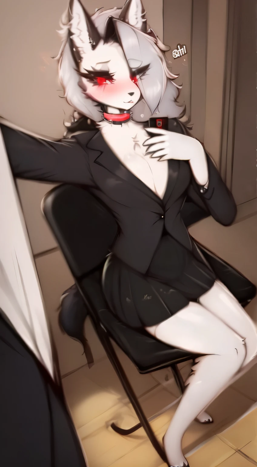 loona , wolf , furry,grey fur , red eyes , teacher's suit, female, (flat chest:1.2), skirt, seat, sweaty,wet clothes, transparent clothes,male chest , thin,selfie,suit , business suit,by sagaris uwu , sagaris uwu,