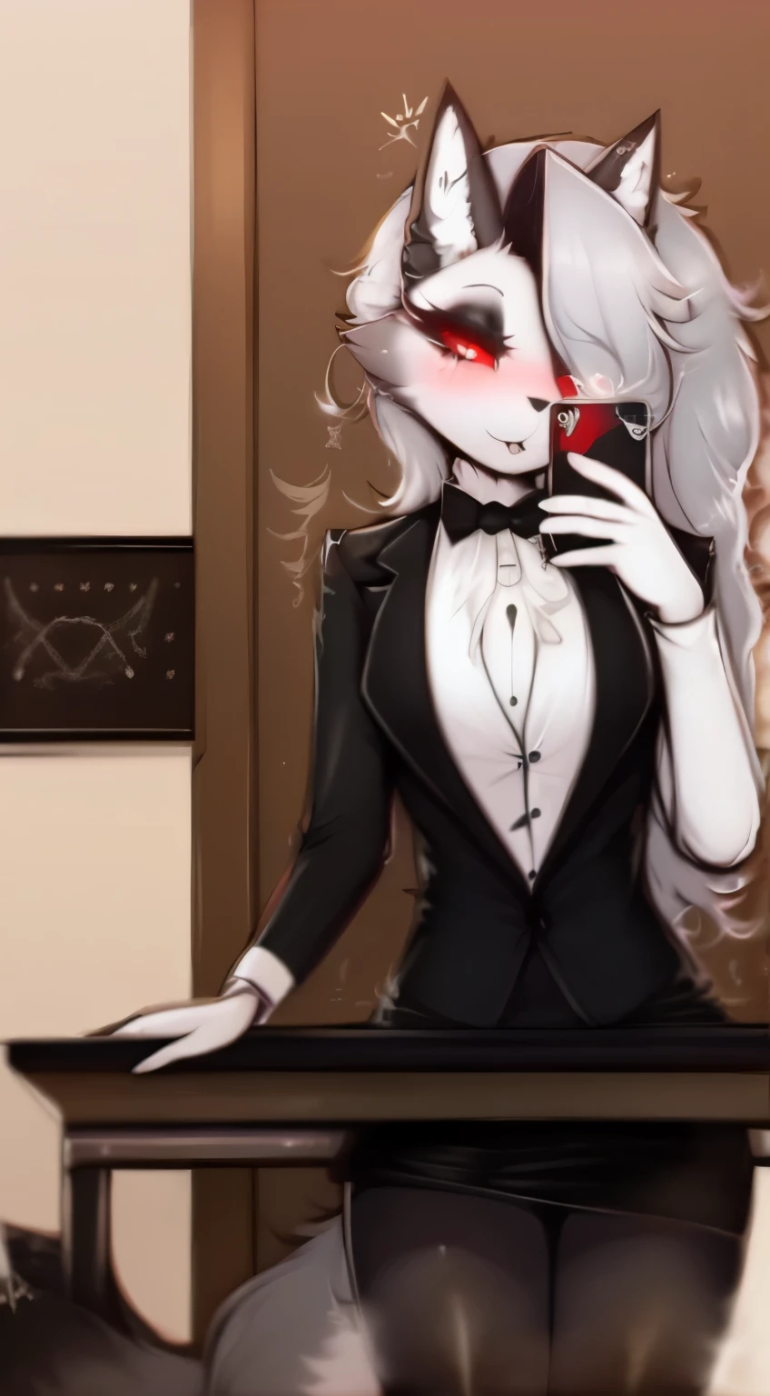 loona , wolf , furry,grey fur , red eyes , teacher's suit,tacher, female, (flat chest:1.2), skirt, seat, sweaty,wet clothes, transparent clothes,male chest , thin,selfie,suit , business suit,by sagaris uwu , sagaris uwu,