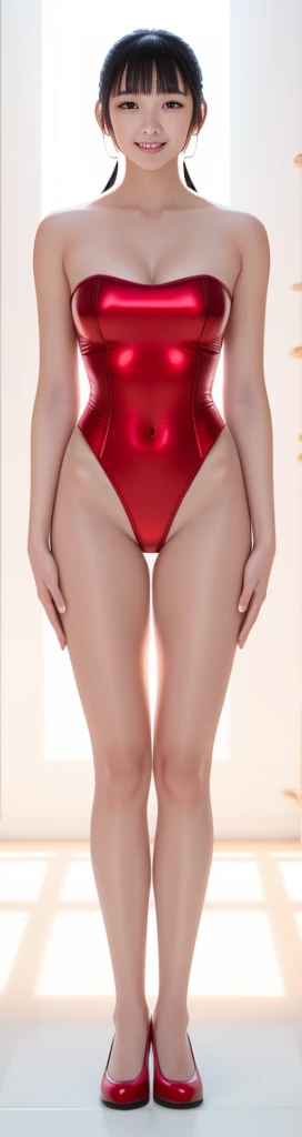 On a white background,A tall and beautiful Chinese girl,with fair skin,Toothy smile,A big smile,When you laugh, Your eyes are crescent-shaped,blunt bangs, long straight hair,Wear a one-piece swimsuit and pumps,Swimsuits are decorated with joyful patterns, Stand up straight,Stand upright,hands on sides,Symmetrical distribution,Ray tracing,All shaded areas,No windows, Soft lighting, Warm light, flood light, no lights on the top, Studio light, 1.4x Realistic Ultra HD