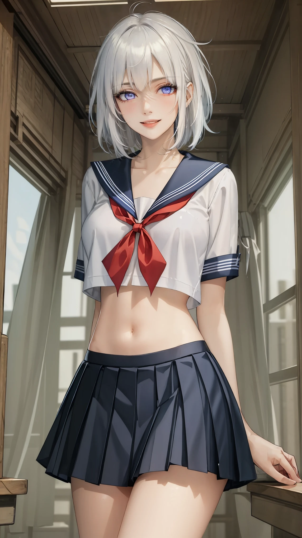 ((((masterpiece, best quality, high resolution)))), (1girl:1.5), ((short silky hair, white hair, purple eyes, sharp eyes)), (big breasts:1.2), (blushing), (cheeky smile, parted lips), glow, thighs, collarbone, narrow waist, (slender body figure), (beautiful detailed face, beautiful detailed eyes), ((sailor fuku uniform, see through material, red ribbon, blue plated skirt)), (standing up), looking at viewer, classroom, (cowboy shot)