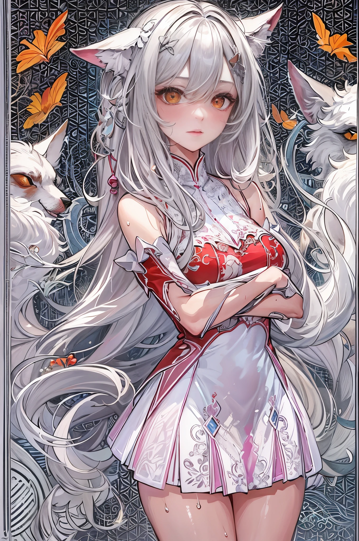 (masterpiece, top quality, best quality, official art, beautiful and aesthetic:1.2), (1girl:1.3), (fractal art:1.3),absurd, masterpiece, best quality, realistic, hyper-detailed, (shiny skin, sweaty:1.4), looking at viewer, slender, 1girl, solo, white sneakers, white miniskirt, long hair, twin tails, princess cut, white hair, red eyes, (thick thighs:0.5), dynamic lighting, high resolution, sharp focus, depth of field, medium breasts, side boob, wolf girl, animal, wolf ears, masterpiece, best quality, ultra-detailed, illustration, ultra-detailed face, best quality face, evil, 18 years old, adult, 1girl, 18 years old, white hair, alchemy outfit, intricate detailed outfit, sexy pose, glowing red dress, cute, kawaii, digital art, finely detailed eyes, blushing, red cheeks