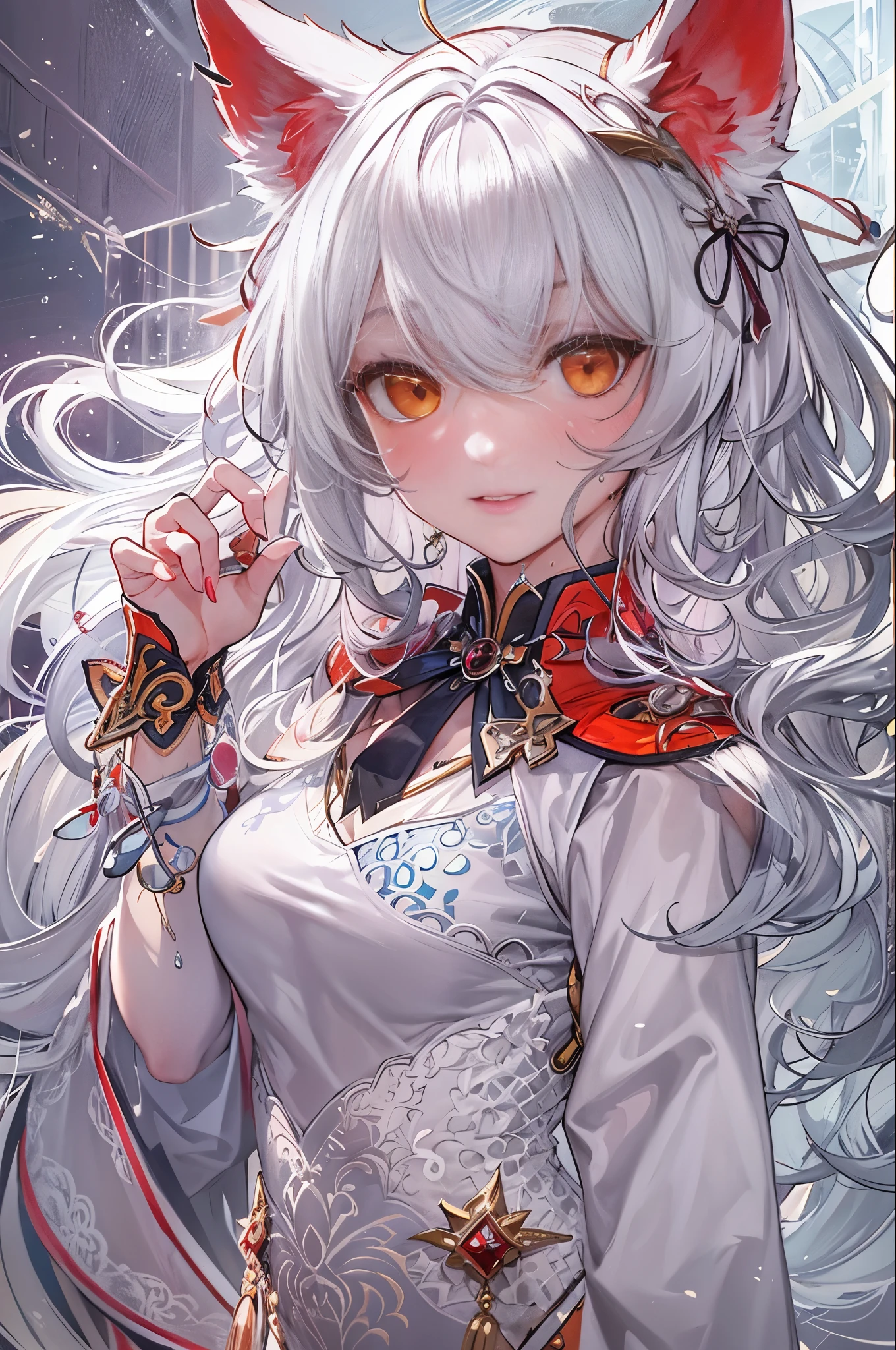 (masterpiece, top quality, best quality, official art, beautiful and aesthetic:1.2), (1girl:1.3), (fractal art:1.3),absurd, masterpiece, best quality, realistic, hyper-detailed, (shiny skin, sweaty:1.4), looking at viewer, slender, 1girl, solo, white sneakers, white miniskirt, long hair, twin tails, princess cut, white hair, red eyes, (thick thighs:0.5), dynamic lighting, high resolution, sharp focus, depth of field, medium breasts, side boob, wolf girl, animal, wolf ears, masterpiece, best quality, ultra-detailed, illustration, ultra-detailed face, best quality face, evil, 18 years old, adult, 1girl, 18 years old, white hair, alchemy outfit, intricate detailed outfit, sexy pose, glowing red dress, cute, kawaii, digital art, finely detailed eyes, blushing, red cheeks