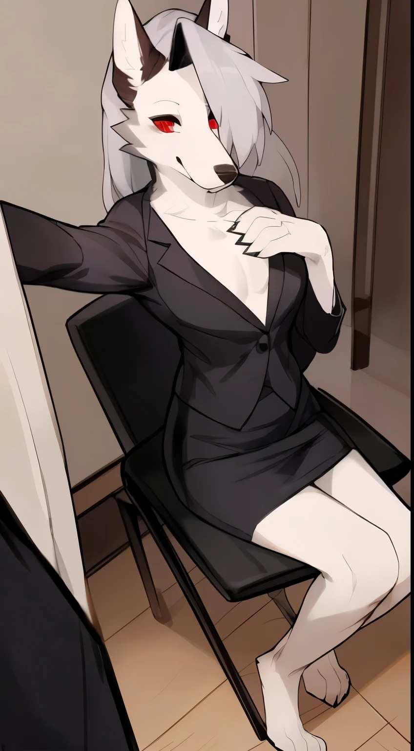 loona , wolf , furry,grey fur , red eyes , teacher's suit,tacher,(((by bebebebebe))), female, (flat chest:1.2), skirt, seat, sweaty,wet clothes, transparent clothes,male chest , thin,selfie,suit , business suit