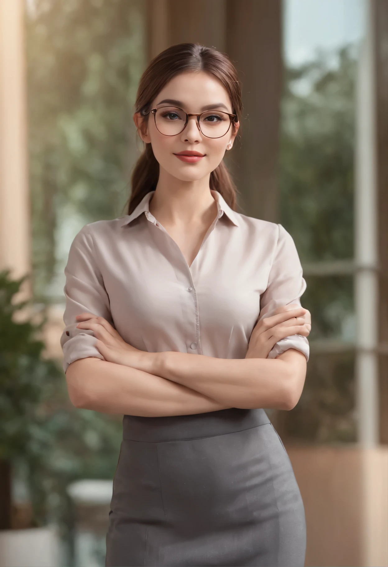 cartoon-style, full-body teacher with brown hair in a ponytail, glasses, character sheet, vibrant colors, lively expression, dynamic pose, detailed features, playful background, professional artwork, sharp focus, vivid colors, exaggerated proportions, clean lines, stylized shading, whole body, sexy clothes, skinny