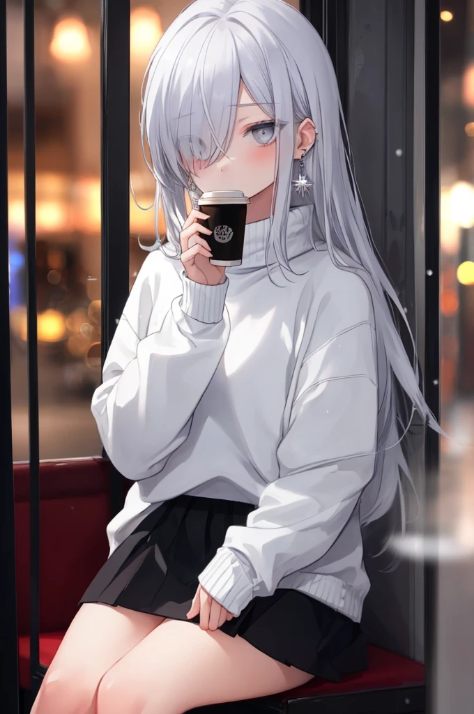 ((masterpiece:1.4, best quality:1.2)), 1girl, solo focus, beautiful skin, blush, white sweatshirt, long white hair, grey eyes, sitting, earrings, Hands on face, piercing, coffee shop window, night, snowing, cityscape, tall female, beautiful and delicate female, comfy ambience, {correct posing}, {detailed background}, a miniskirt, hair over one eye, shy,