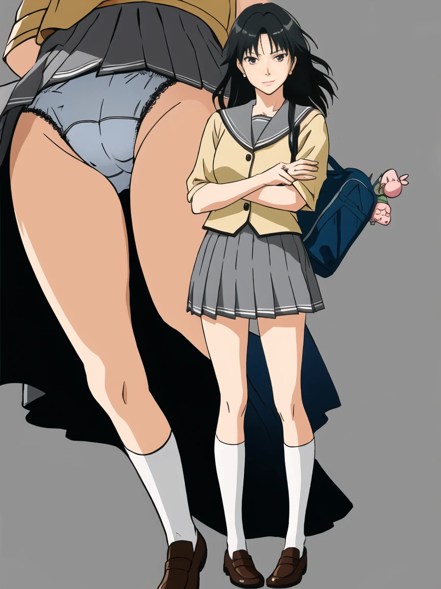 highest quality, ultra high resolution, (realistic: )2D official style cel animation,(multiple views)Amagami Tsukasa Ayatsuji,high school girl,uniform,Gray mini skirt,panties,full body portrait,from below,In front of the station,sunny,,Low - Angle