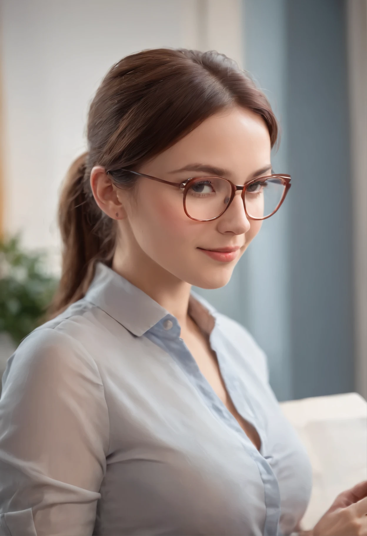 cartoon-style, full-body teacher with brown hair in a ponytail, glasses, character sheet, vibrant colors, lively expression, dynamic pose, detailed features, playful background, professional artwork, sharp focus, vivid colors, exaggerated proportions, clean lines, stylized shading, whole body, tight clothes