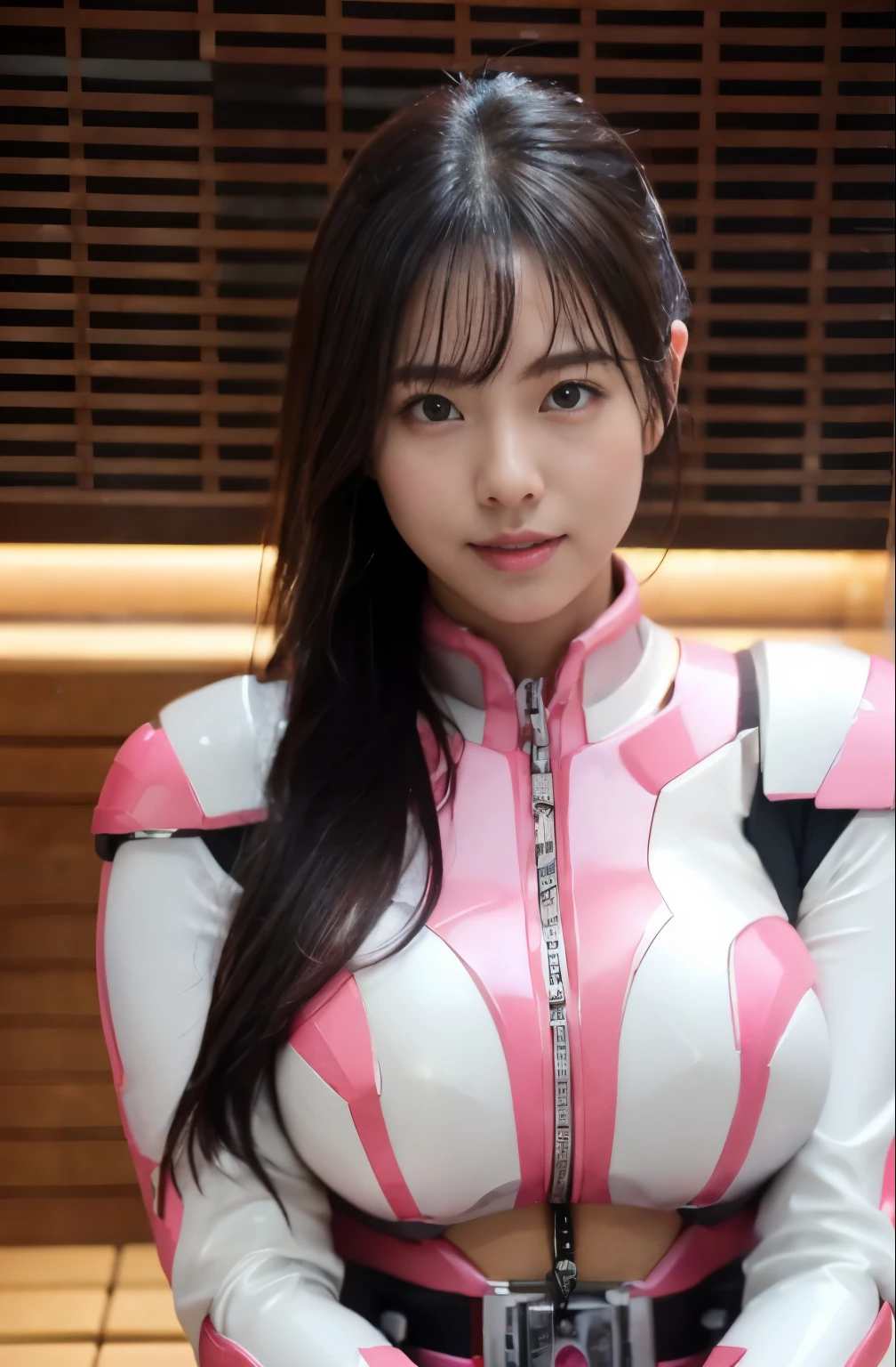 pink power range lemele、realistic, shiny dark pink and white suit、Power Rangers Bodysuit、professional photos、don't expose your skin, japanese model,The skin is not exposed、thick body, laughter、big breasts、black haired、sweaty face、in the sauna、
