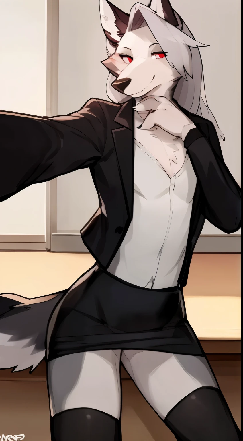 loona , wolf , furry,grey fur , red eyes , teacher's suit,tacher,(((by bebebebebe))), female, (flat chest:1.2), skirt, seat, sweaty,wet clothes, transparent clothes,male chest , thin,selfie,suit , business suit