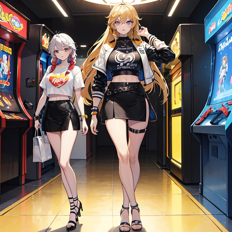 (masterpiece), best quality, expressive eyes, perfect face, arcade, playing arcade games, tall, huge , tan, Norse braids, black mini skirt, leather crop top jacket, white t-shirt, heels