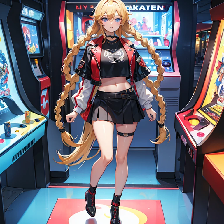 (masterpiece), best quality, expressive eyes, perfect face, arcade, playing arcade games, tall, huge , tan, Norse braids, black mini skirt, leather crop top jacket, white t-shirt, heels