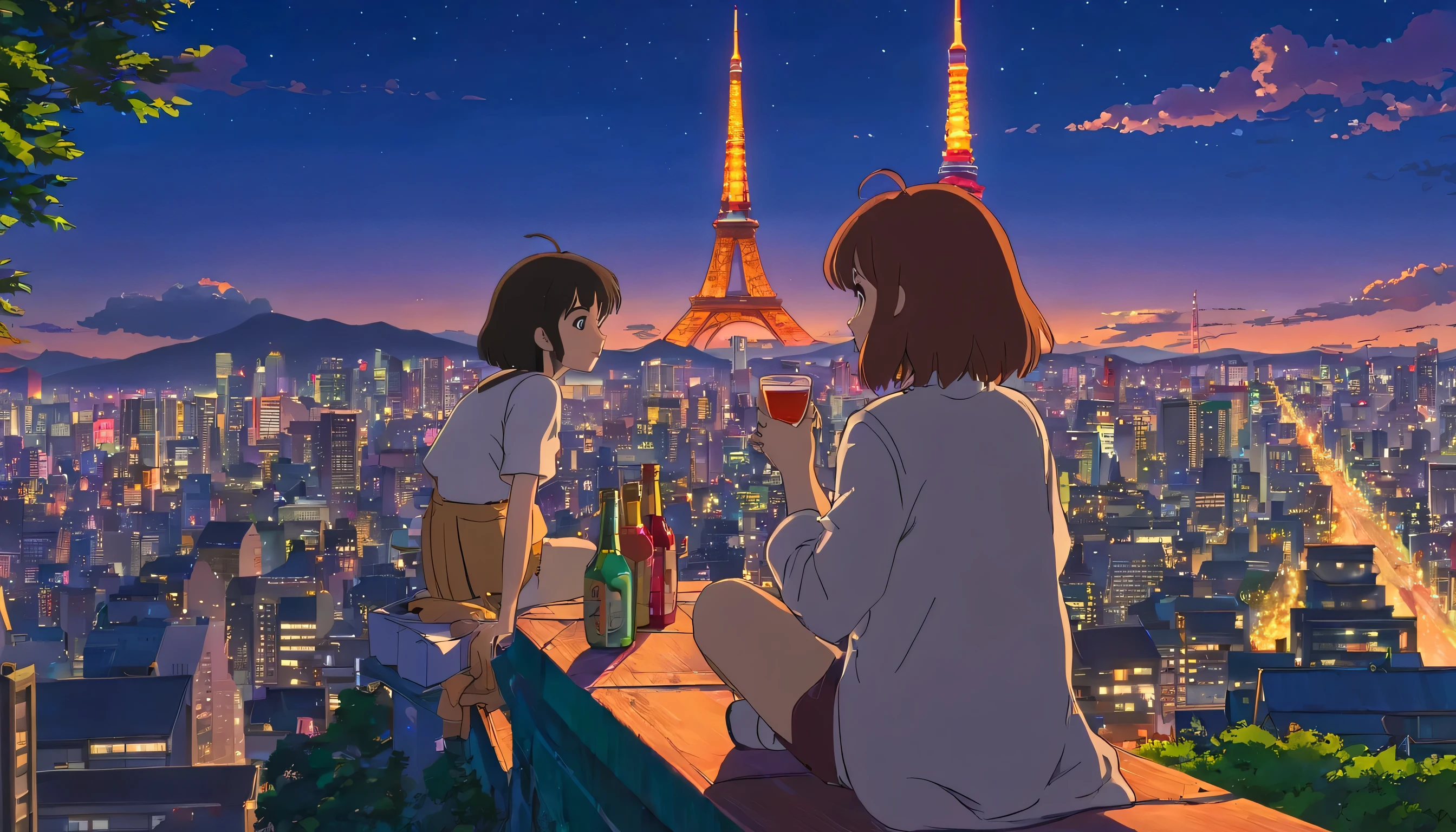 Drink alcohol in front of Tokyo Tower, set in tokyo rooftop, on the roof tokyo night, on future tokyo night rooftop, Rooftop Romantic, sitting in tokyo, golden hour in tokyo, Tokyo in the background, With the city of Tokyo in the background, summer setting, beautiful images, with eiffel view, 東京サイバーパンクの夜のon the roof, japan travel aesthetic, on the roof