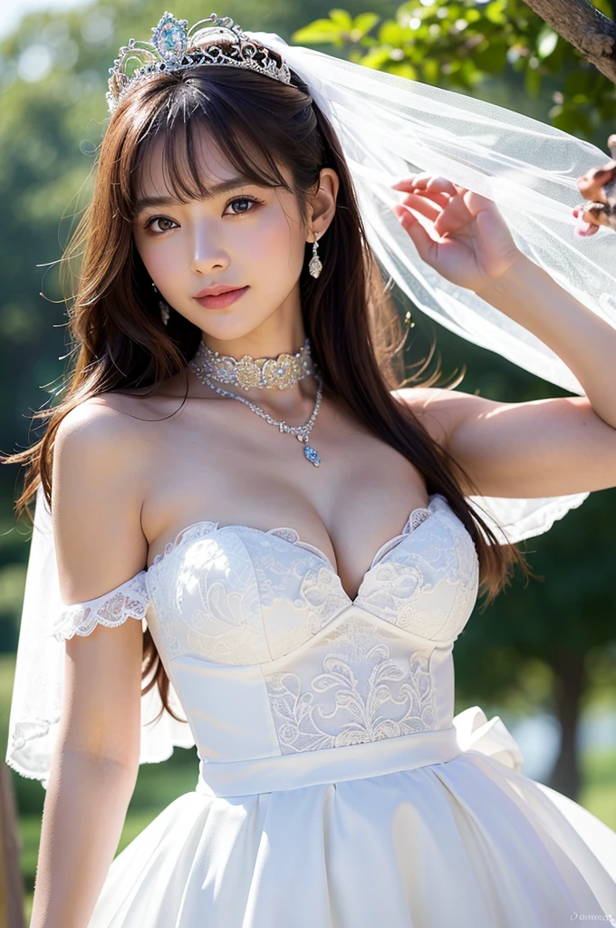 8K, RAW photo, highest quality, masterpiece: 1.2), Super detailed, ultra high resolution, (realistic, realistic photos: 1.37), portrait, High-definition RAW color photos, professional photos, Particle Texture Photography, very delicate and beautiful, very detailed, 8K wallpapers, Amazingly detailed details, huge file size, official art, Highly detailed CG Unity 8K wallpaper, very detailed beautiful girl, very detailed face, very fine eyes, very detailed skin, very detailed fingers, very detailed nose, very detailed mouth, perfect anatomy, very detailed background, very detailed clothes, 1 girl, (28 years old: 1.2), , cute girl, realistic body,, medium hair, (bangs: 1.2), smile, cute, youth, cute face, realistic face, Light brown eyes、delicate eyes, 垂れ目highest quality, masterpiece, 8K quality, high detail, photographic style, detailed background, 28 years oldの美しい日本人の女性、bridal tiara, bridal veil, bridal gauntlet, round idium chest、strapless dresses、beautiful embroidered dress、very big breasts、appealing breasts、appealing breastsの谷間、Pose that emphasizes the chest、semi body shot、White wedding dresses、(White Princess Line Wedding Dresses、bridal tiara、white choker、white lace gloves、white pantyhose:1.2),(white skirt、beautiful embroidery),gorgeous、Beautiful necklaces、Majestic atmosphere、whole body,wedding venue near the beach、The skirt is round and wide,、With a well-shaped bust, Clear waist, and beautiful light brown hair, Captivate everyone around. Please generate a detailed description of this scene.,fair and beautiful skin、Gentle atmosphere、bangs、beautiful hair、cute face、cute girl、Popular models in Japan、smiling kindly、Beautiful cleavage、professional lighting、Portrait、show cleavage、white, delicate and beautiful skin、beautiful breasts、Light of the sun、