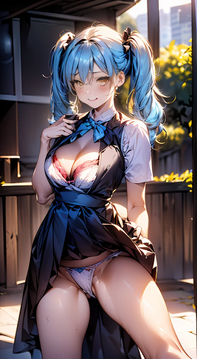 (masterpiece:1.2, highest quality), (realistic, photorealistic:1.4), beautiful illustrations,
looking at the viewer, whole body, Front view:0.6,
1 female, Japanese, ((light blue hair:1.5, twin tails:1.5)), blown hair, bangs, hair between eyes, ((height: 167 cm, C cup elastic breasts, thin waist, peach butt))
beautiful hair, beautiful face, beautiful and detailed eyes, (yellow eyes:1.3), beautiful clavicle, beautiful body, beautiful breasts, beautiful thighs, beautiful feet, beautiful fingers,
(beautiful scenery), beautiful concert stage,
((polka dot dress:1.3, detailed accessories, vest, mini skirt)), white panties,
(Are standing, lift the skirt, Grab the hem of the skirt, put your hand on your chest, hand between legs, open your legs:1.3),
(Look at the viewer while blushing:1.3), ((idol costume:1.5))
