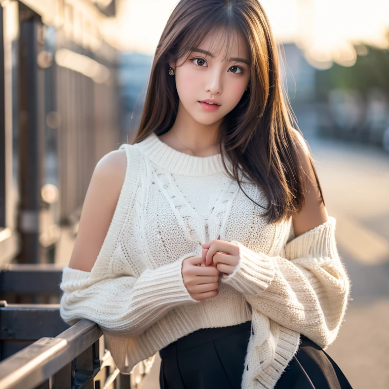 highest quality, super detailed, finely, High resolution, 8k wallpaper, perfect dynamic composition、highest quality,super detailed,young and thin、realな容姿、 detailed eyes and lips、16 years old、Stand so that your whole body is visible、open your mouth a little、real、1 person、long hair、brown hair、Provocative、white sweater、short black skirt、show your thighs、one side of the shoulder is bare、night school、The background is blurred、