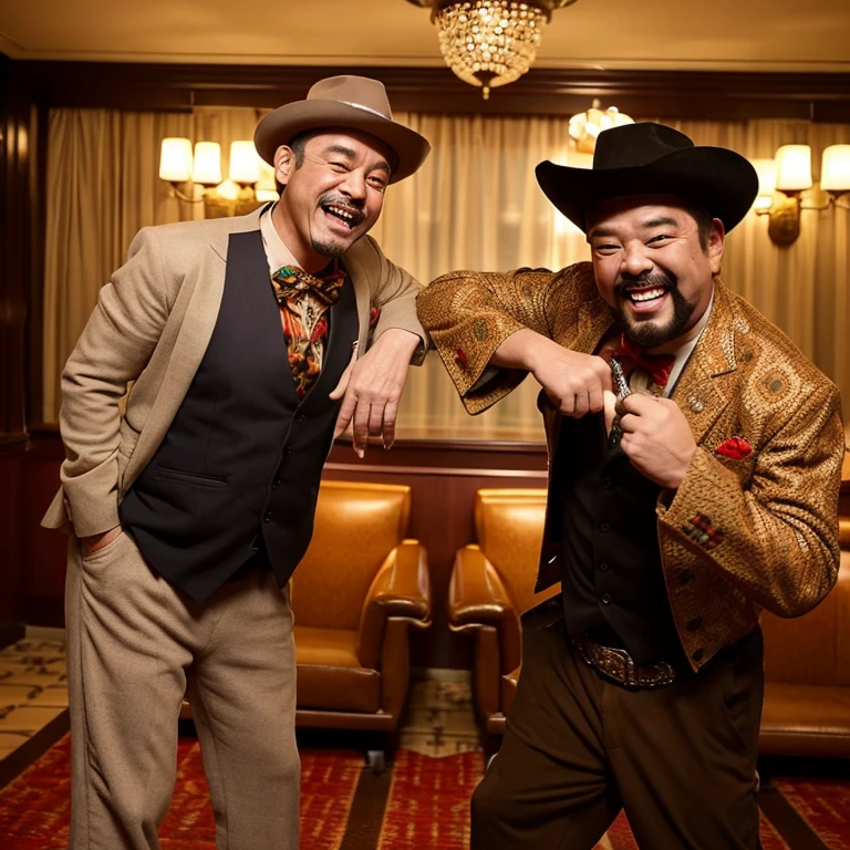Two comedian men with ugly and lewd faces are standing grinning in a private room of a Western-style hotel.。