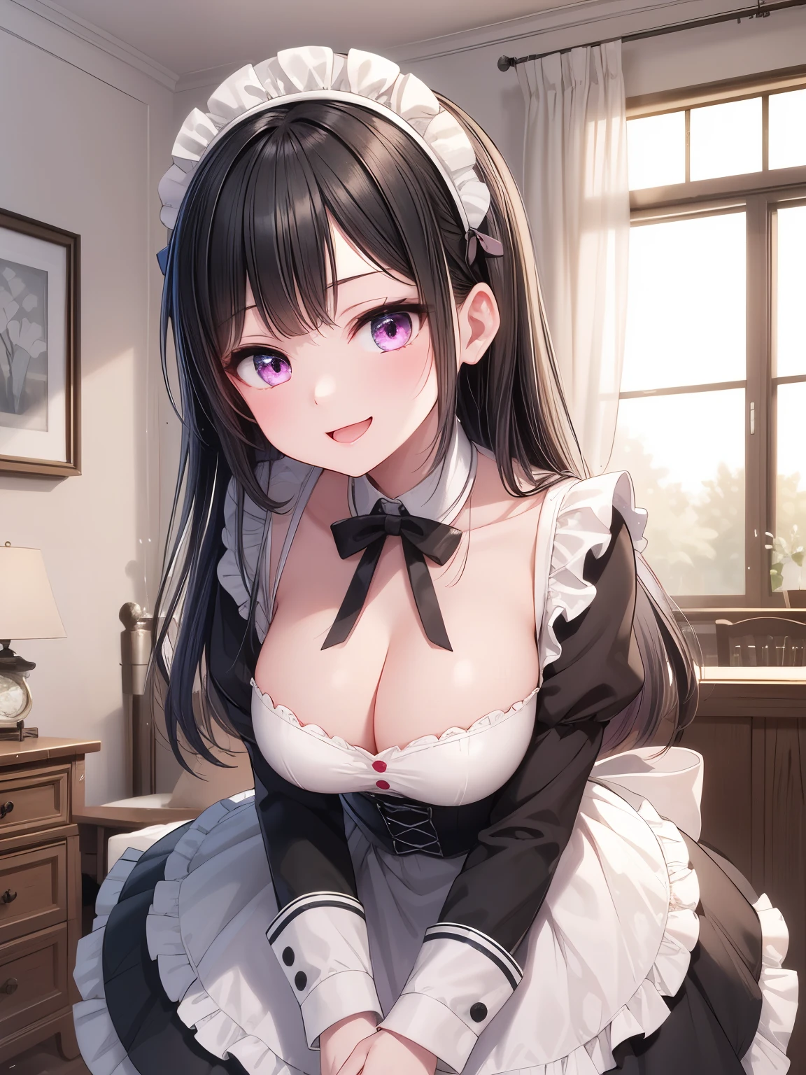 solo girl,20 years old,long hair,blue ribbon,looking up,(black hair:1.4), pink eyes, sparkle eyes,medium breast,happy,smile,maid costume,cleavage,mini skirt,long sleeves,indoors,western style mansion,Best Quality, High resolution, Extremely detailed, Detailed background, Perfect Lighting