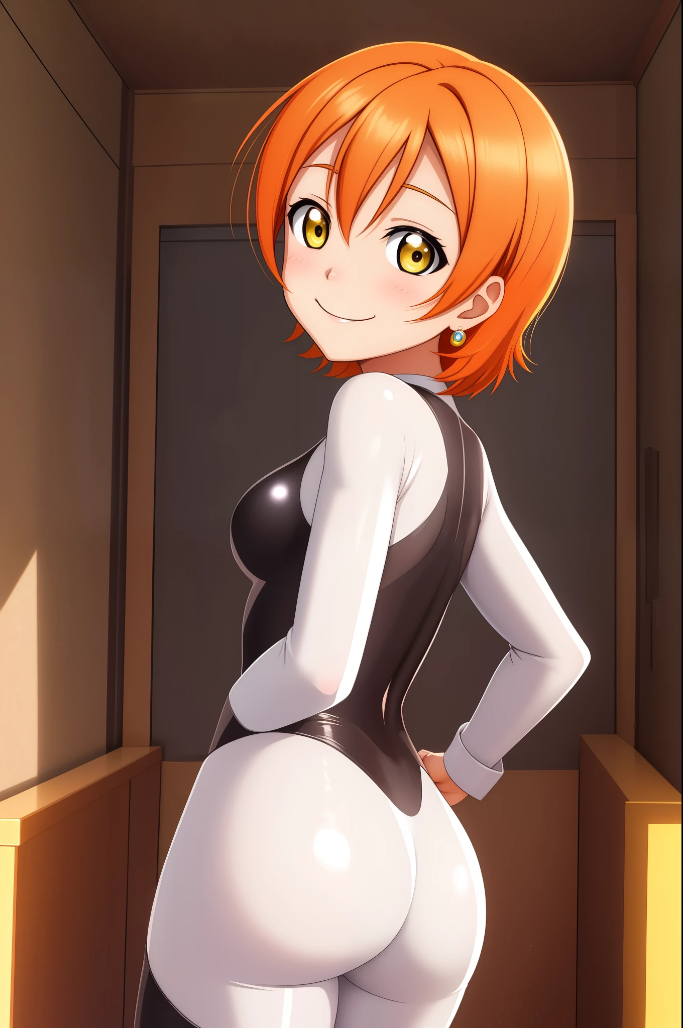 Masterpiece, looking back, Hoshizora rin, yellow eyes, orange hair, totally spies bodysuit, cowboy shot, sexy,  sedative smile,solo