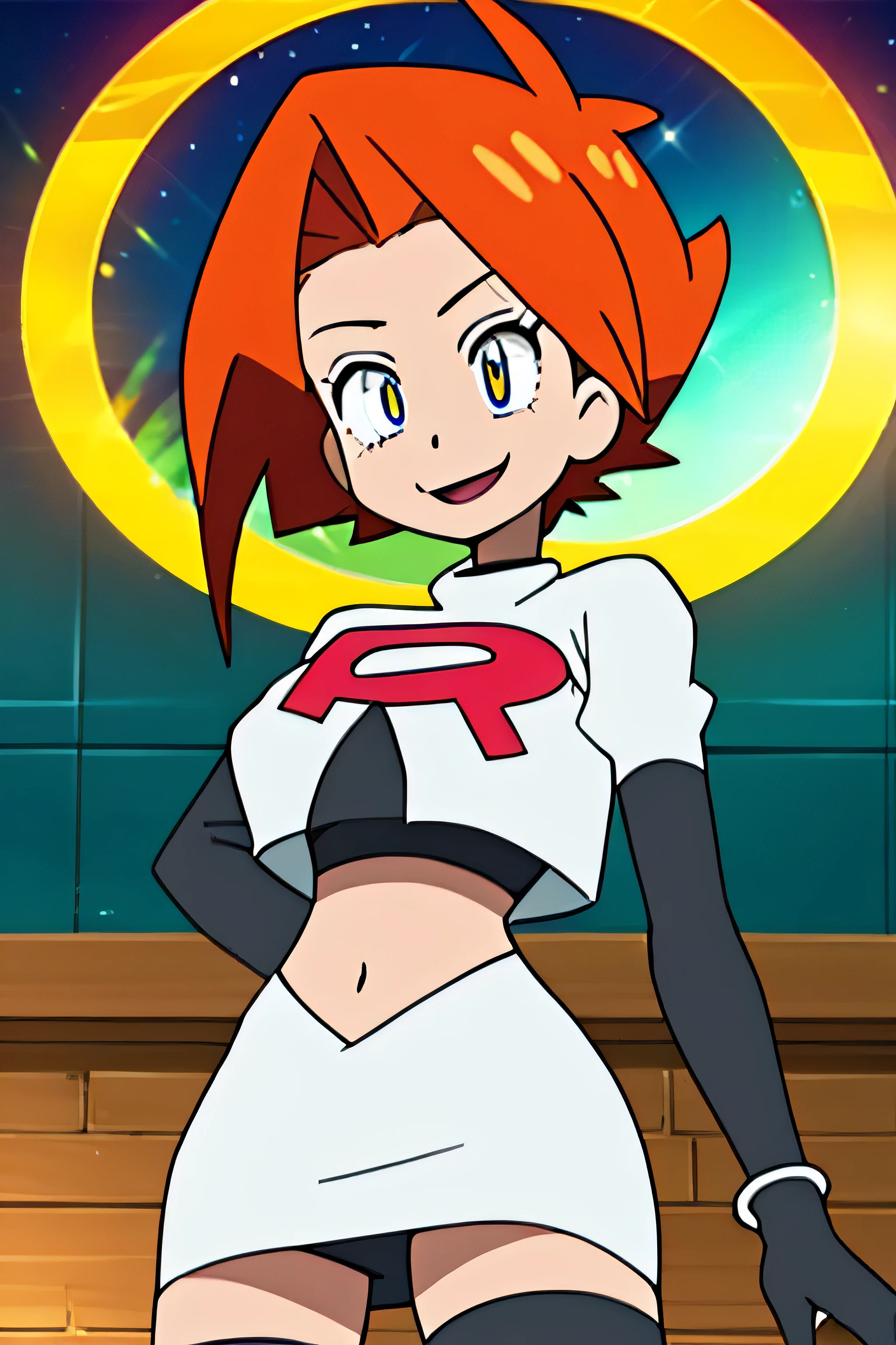 (1girl in:1.2), (Solo:1.2) , Brilliant Textured Work, top-quality, , , , , black crop top tee, orange miniskirt, black spiky boots, black spiky wristbands, spiky choker, orange hair, short hair, wavy hair, (violet eyes:1.1), shiny hair, evil smile, standing, contrapposto, hand on hip, Evil Female Executive, villainess, Evil Fall, darkness, Downtown at night, Concrete roads, large breasts, (empty eyes:1.5), (Forcibly fitted gem:1.2), corrupted gem , eyeball gem, (cracked gem:1.2), curse seal, (parasite eroded gem:1.1), Heart-shaped tattoo on the lower abdomen, eroded, bat wings, open mouth, large fang, full moon,team rocket uniform, red letter r, white skirt,white crop top,black thigh-high boots, black elbow gloves, evil smile, looking at viewer, hands on hips
