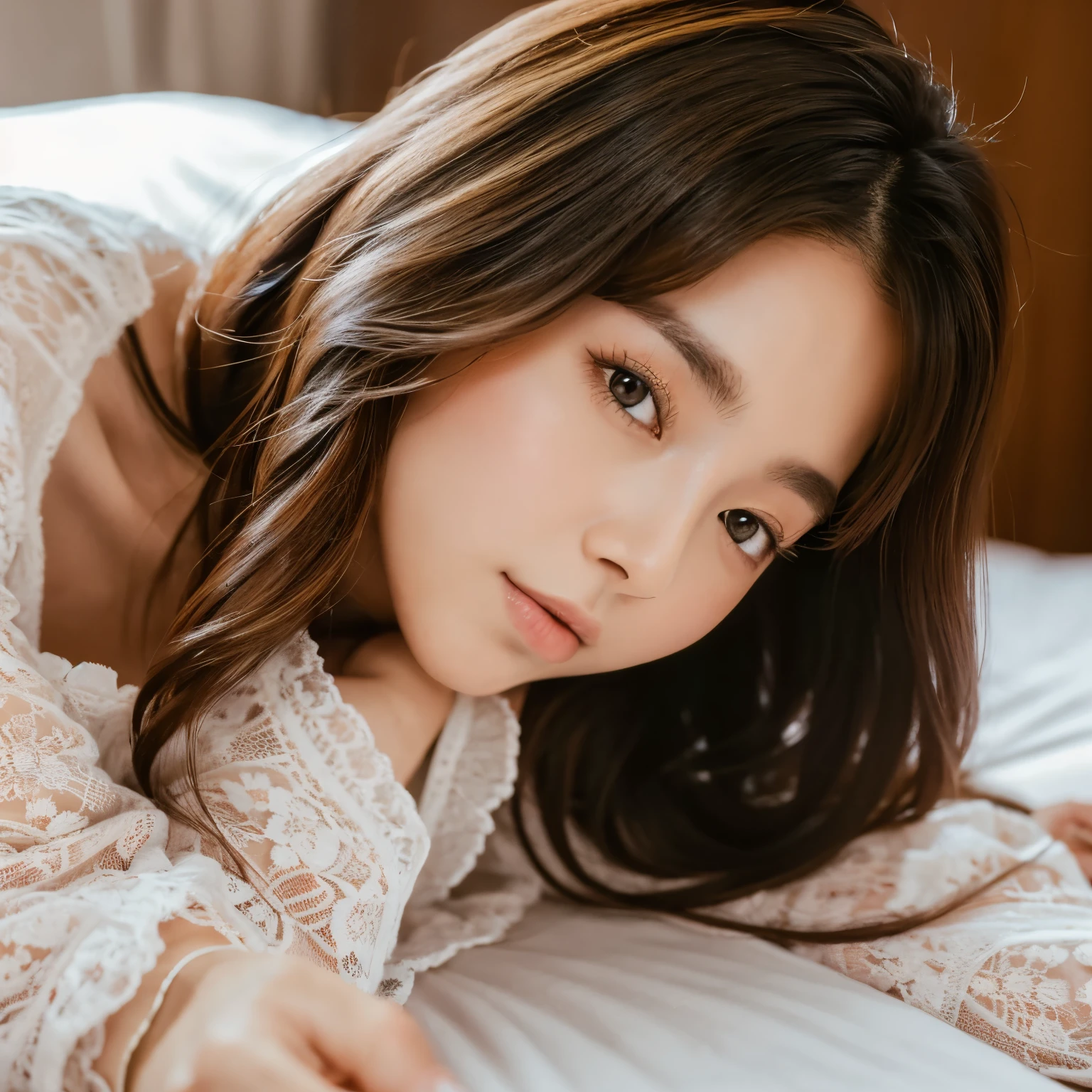 high-resolution, hyper-realistic, impressively-detailed, intricate, layered, A pretty Japanese, Slender figure, 25 years old, stretch arms, lie on pale white bed, skirt-lift on pale white bed, Dark brown hair,wearing pretty light white sexy knit one-piece dress, looking at viewer, impressively detailed face and skin texture, sharp, Detailed eyes, Double eyelid, full body,cowboy shot, from above
