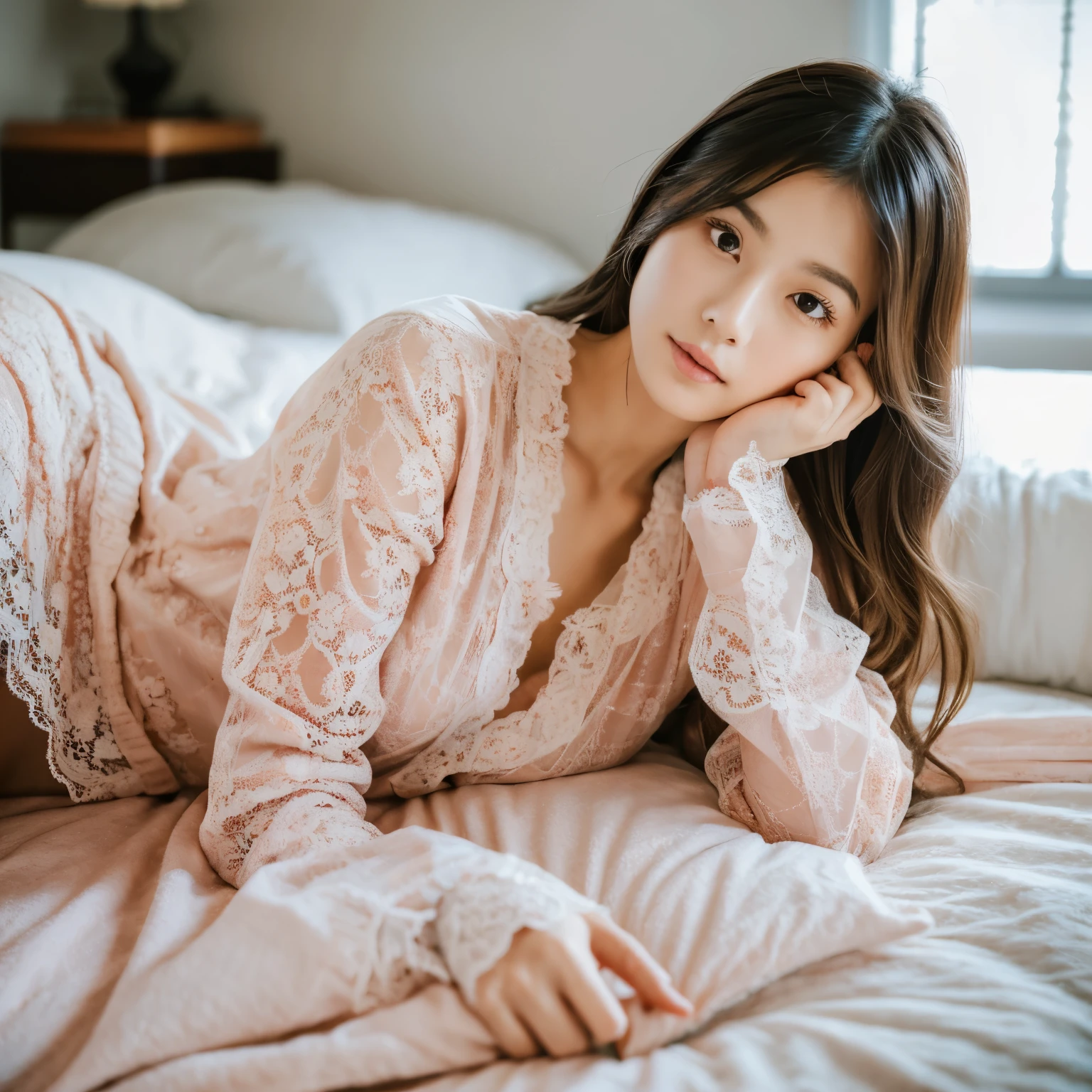 There is a woman sitting on the bed wearing lace pajamas,, Beautiful woman, pose in bed, pose in the room、highest quality, face focus, soft morning light, ultra high resolution, (realistic:1.4), RAW photo, 1 japanese girl, alone, cute, (pupil, light in the eyes), detailed beautiful face, (),(High resolution details of human skin texture), (long hair), indoor, Erika Karada