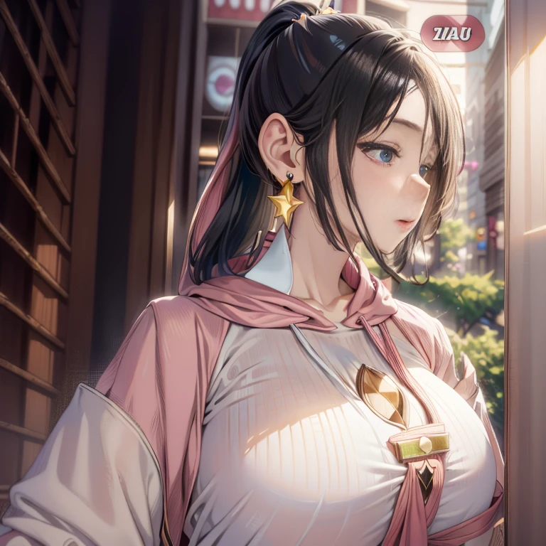 「highest quality、masterpiece、An illustration、very delicate and beautiful、very detailed、cg、8k wallpaper、wonderful、small details、masterpiece、最高の究極の芸術very detailed cg Unity 8k wallpaper」、japanese girl、(((huge breasts 1:1)))、(((Super Big 1:2)))、(((Pee)))、(((black hair)))、(((ponytail)))、(((pink hoodie)))、(((Star-shaped earrings)))